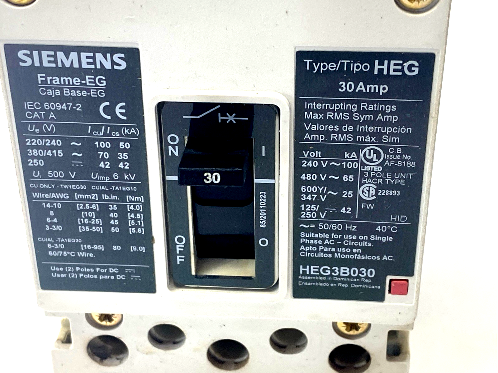 Siemens HEG3B030L Circuit Breaker 30A 3-Pole 65kA At 480V - Maverick Industrial Sales