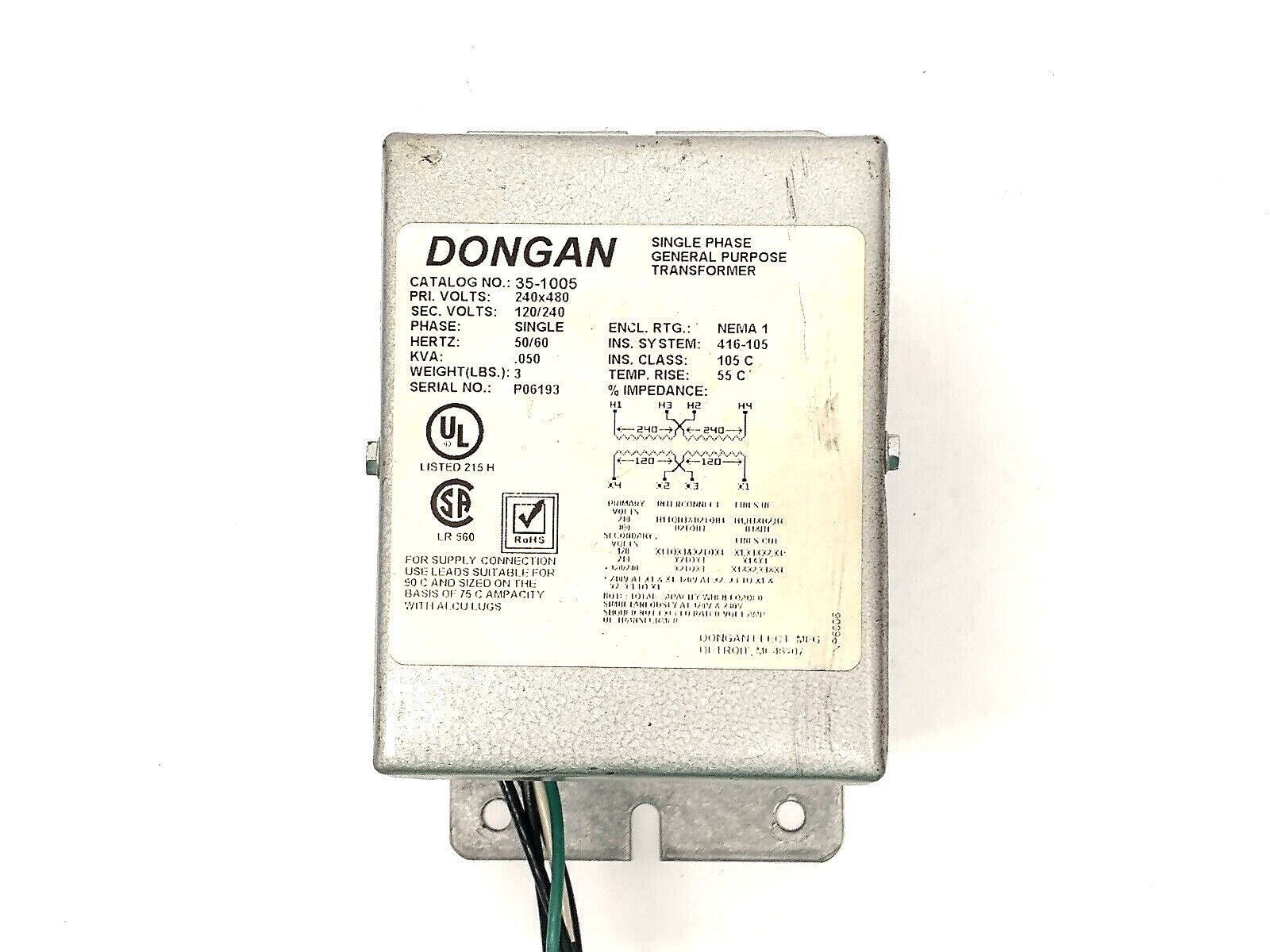 35-1005 | Dongan General Purpose Transformer 1PH 240x480V 120/240V .050kVA - Used - Maverick Industrial Sales