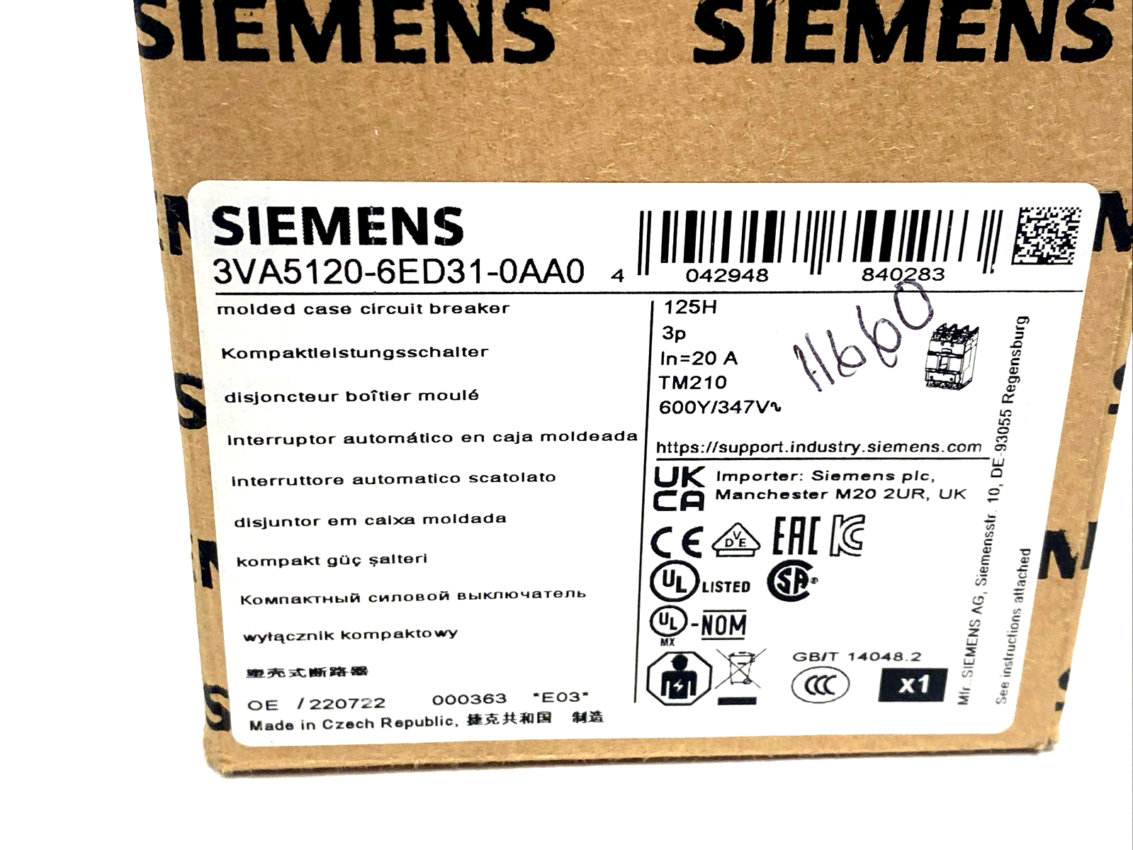 Siemens 3VA5120-6ED31-0AA0 Circuit Breaker 3P UL Frame 125 Breaking Cap 20A - Maverick Industrial Sales