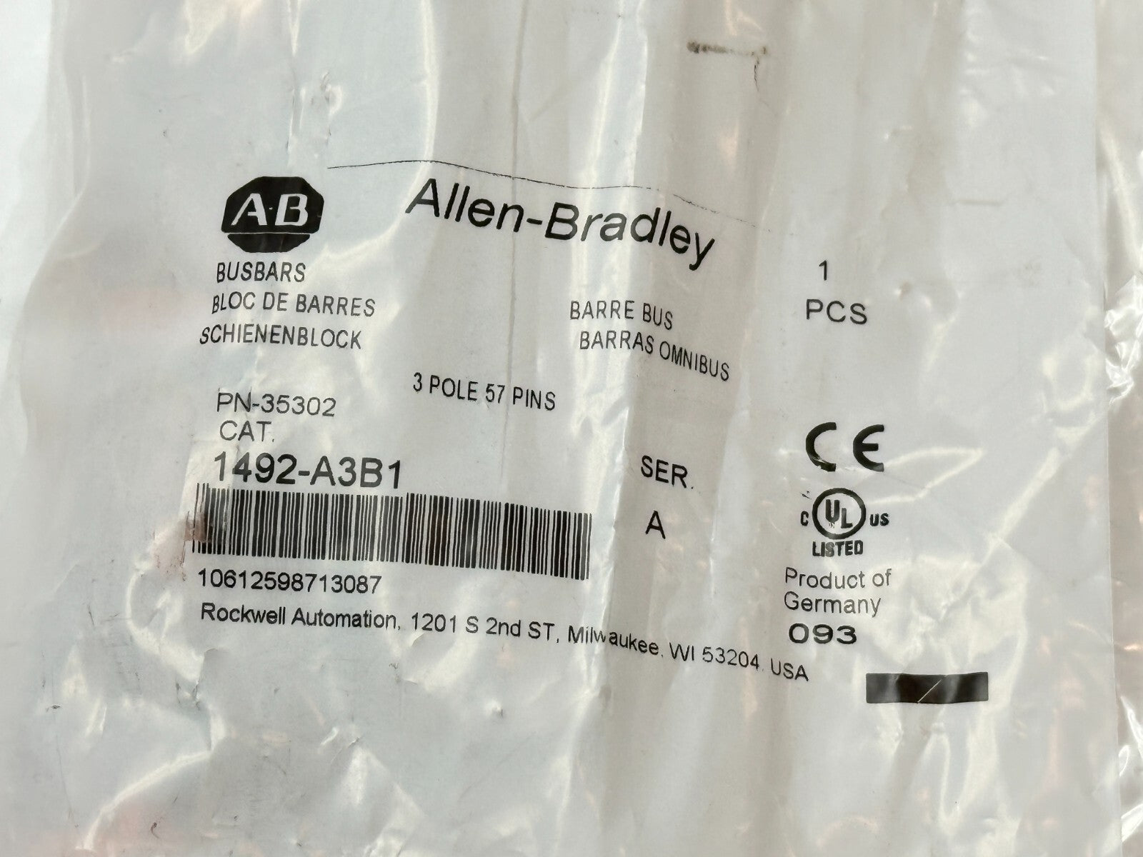 1492-A3B1 | Allen Bradley Ser. A Busbar 3-Pole, 57-Pins, 3-Phase 100A - New - Maverick Industrial Sales