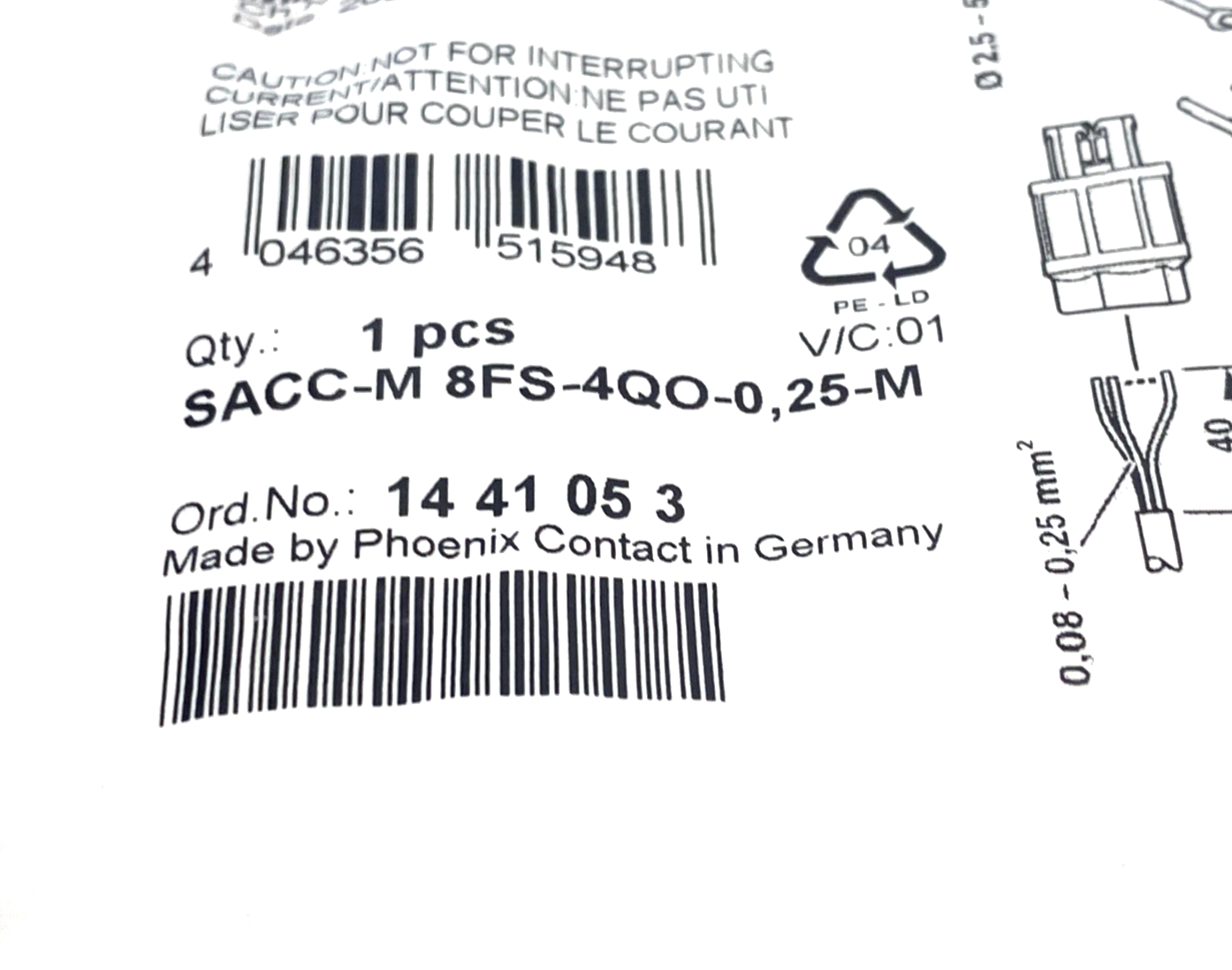 Phoenix Contact SACC-M 8FS-4QO-0,25-M Connector M8 Female 4-Pin 1441053 - Maverick Industrial Sales