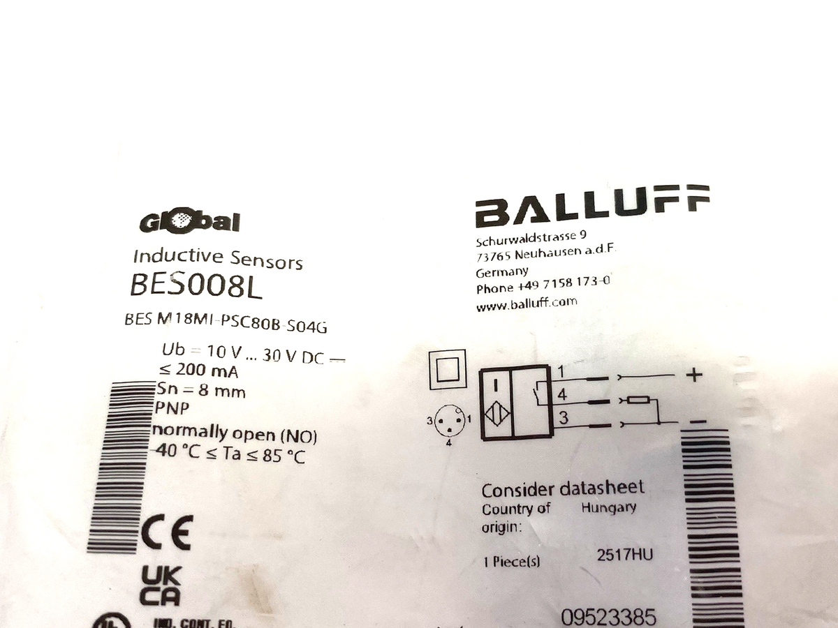 Balluff BES008L Inductive Proximity Sensor, Flush Mount, BES M18MI-PSC80B-S04G - Maverick Industrial Sales