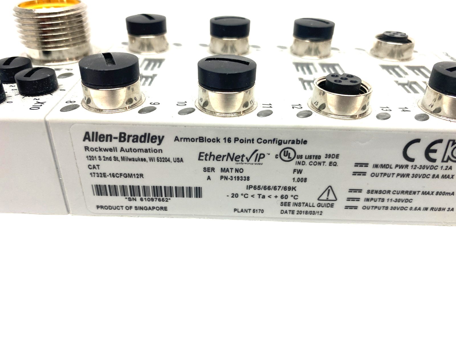 1732E-16CFGM12R | Allen Bradley Ser. A ArmorBlock 16-Point Conf. Ethernet I/O Mod - Used - Maverick Industrial Sales