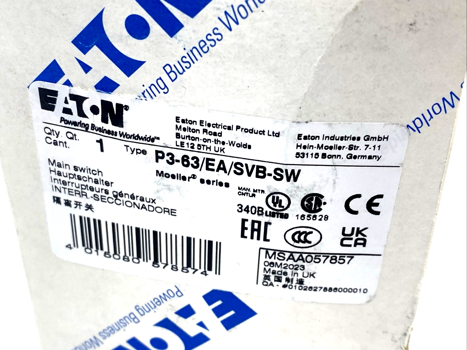 Eaton P3-63/EA/SVB-SW Rotary Disconnect Circuit Interruptor, Flush, Black, 63A - Maverick Industrial Sales