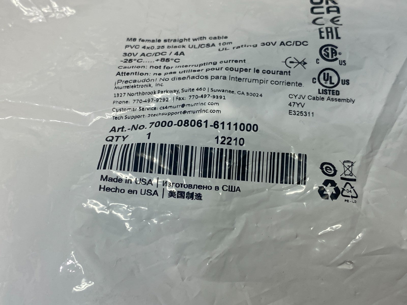 Murrelektronik 7000-08061-6111000 Single Ended Cordset M8 female 0° A-cod - Maverick Industrial Sales