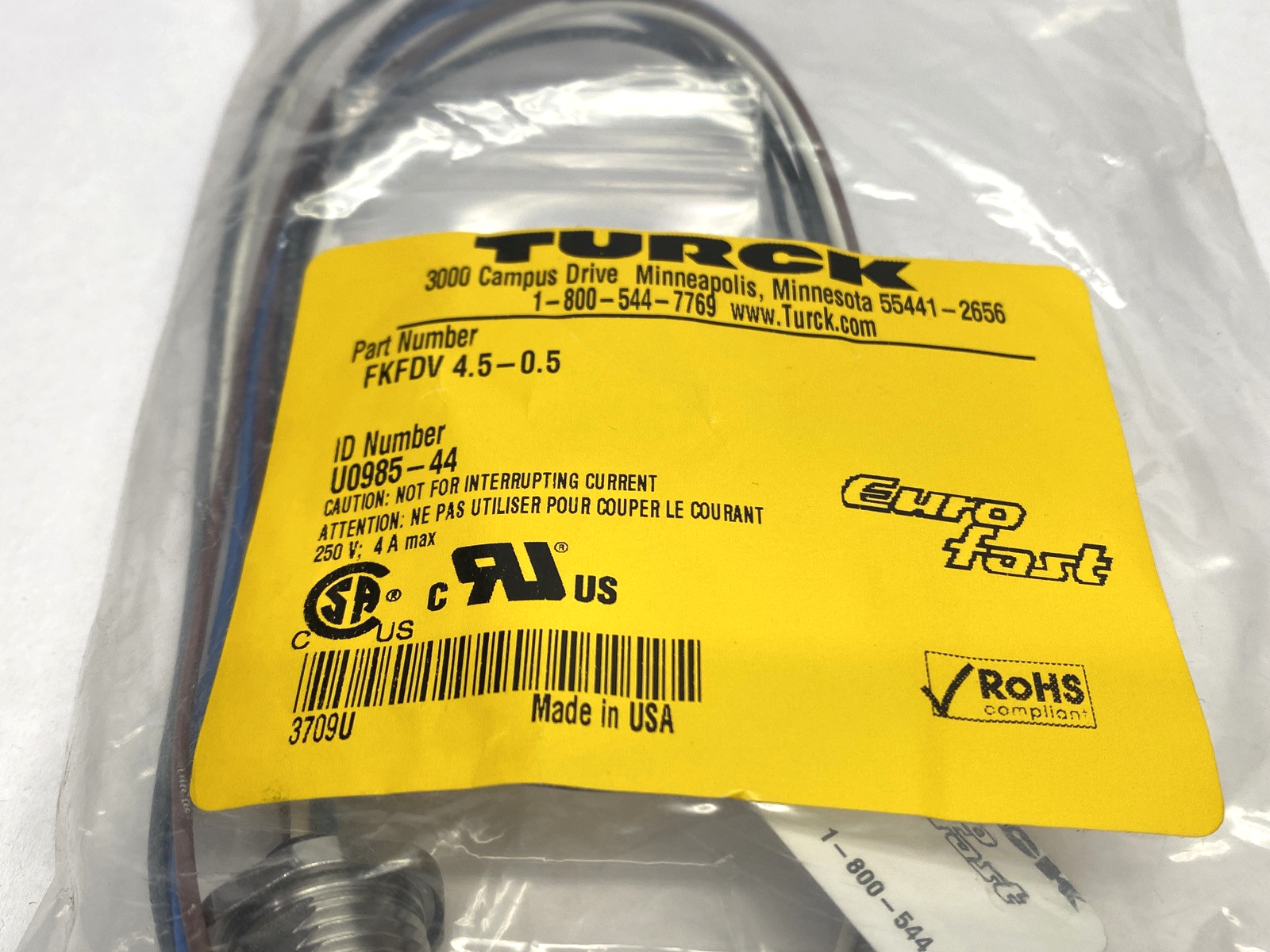 Turck FKFDV4 4.5-0.5 Single-Ended EuroFast Female Connector U0985-44 - Maverick Industrial Sales