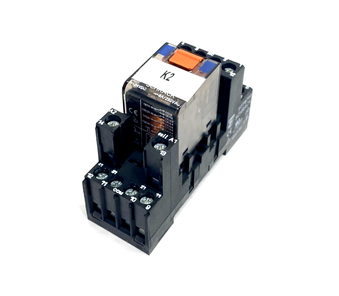 PT570024 | Schrack Miniature Power Relay 6A 24VDC 4PDT & PT78740 Base LOT OF 3 - Used - Maverick Industrial Sales