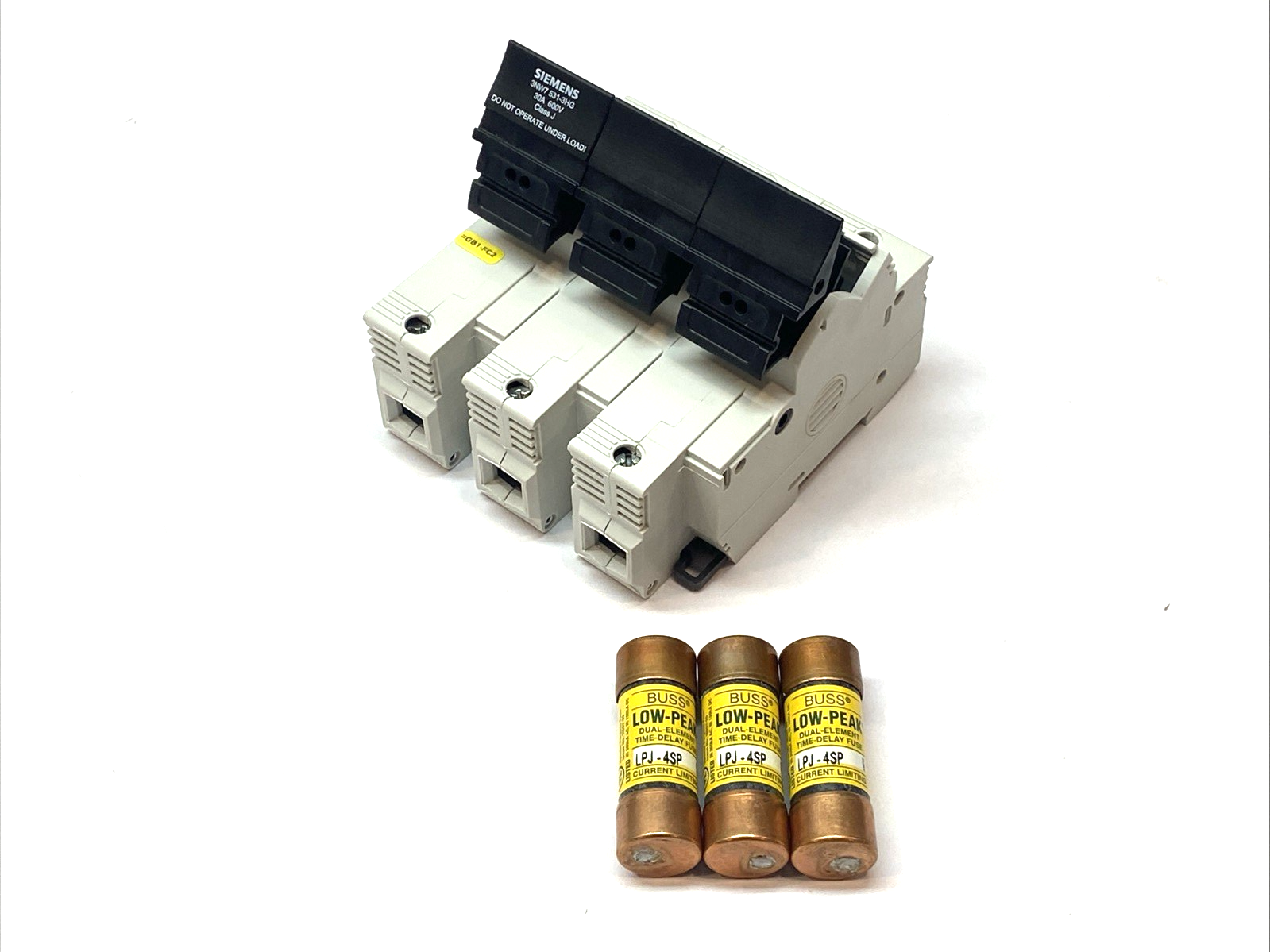 Siemens 3NW7 531-3HG Fuse Holder Class J 30A 600V w/ 3x Bussman LPJ-4SP Fuses - Maverick Industrial Sales