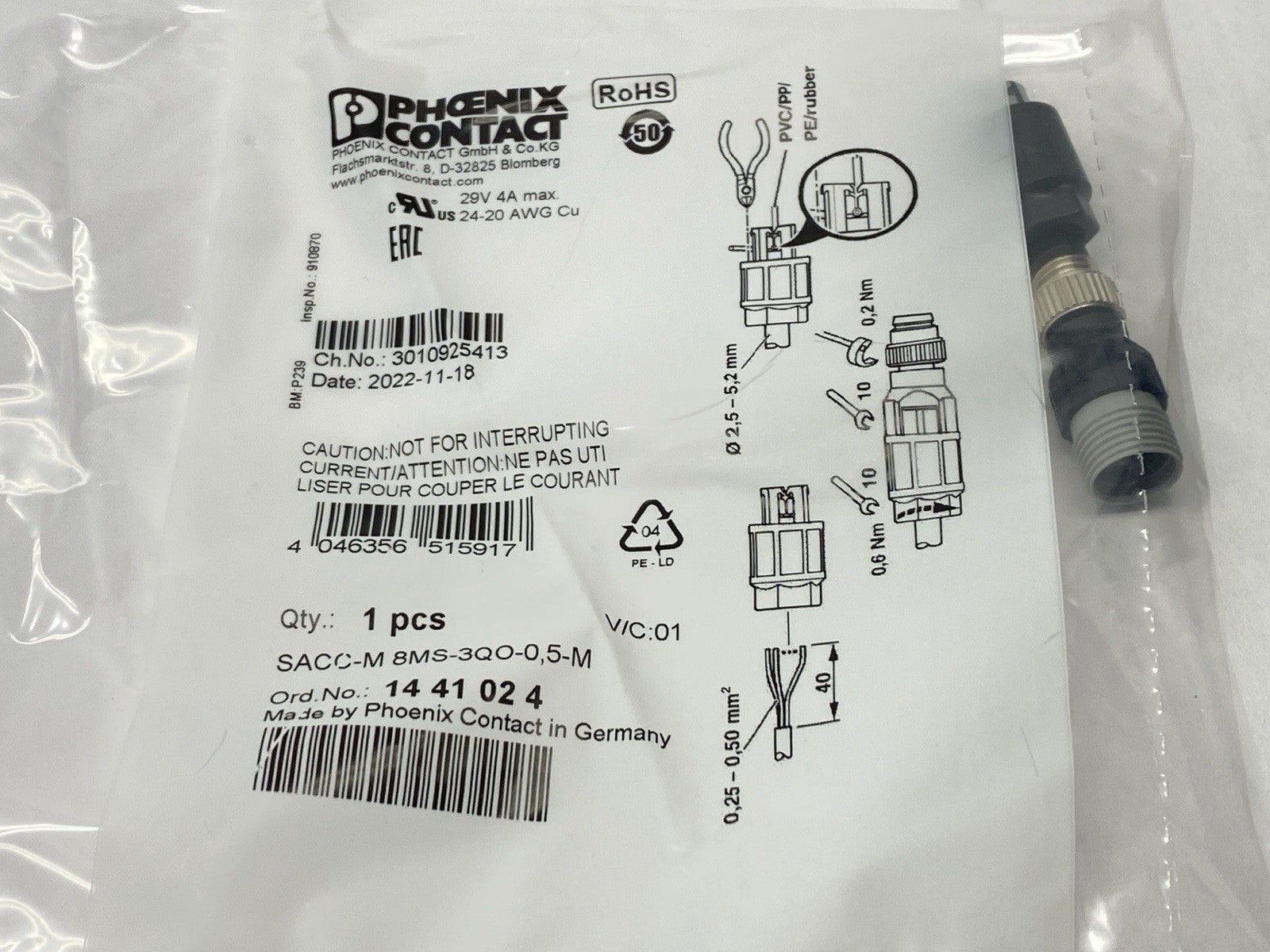 Phoenix Contact SACC-M 8MS-3QO-0,5-M Connector Male M8 3-Pin A-Code 1441024 - Maverick Industrial Sales