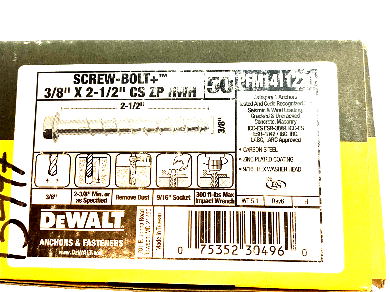 DeWalt PFM1411220 Screw-Anchors Carbon Steel 2 1/2" x 3/8 BOX OF 50 - Maverick Industrial Sales