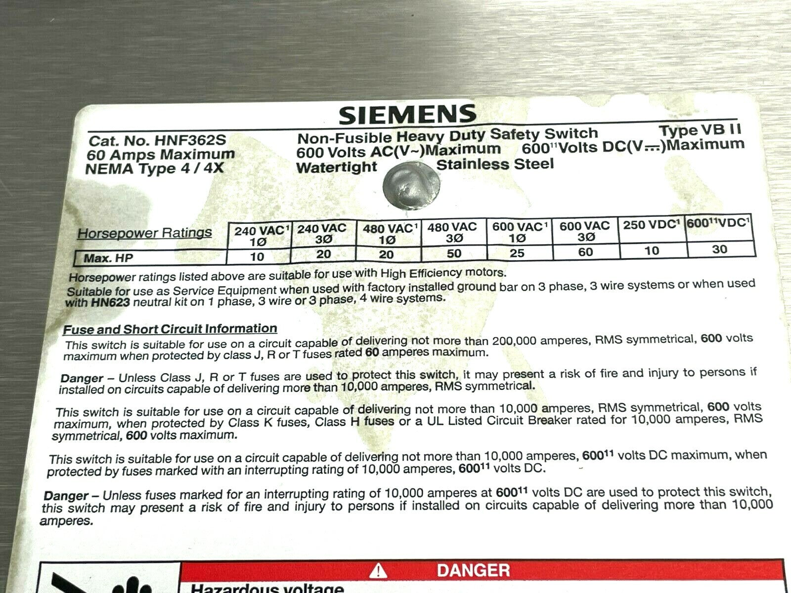 Siemens HNF362S Fusible Disconnect Switch 600V 3W 3P 60A - Maverick Industrial Sales