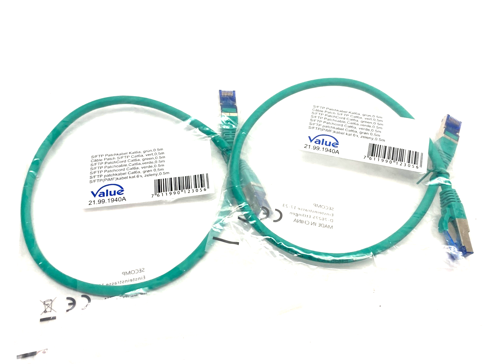 21.99.1940A | Value S/FTP Ethernet Patch Cable Green 0,5m LOT OF 2- New - Maverick Industrial Sales