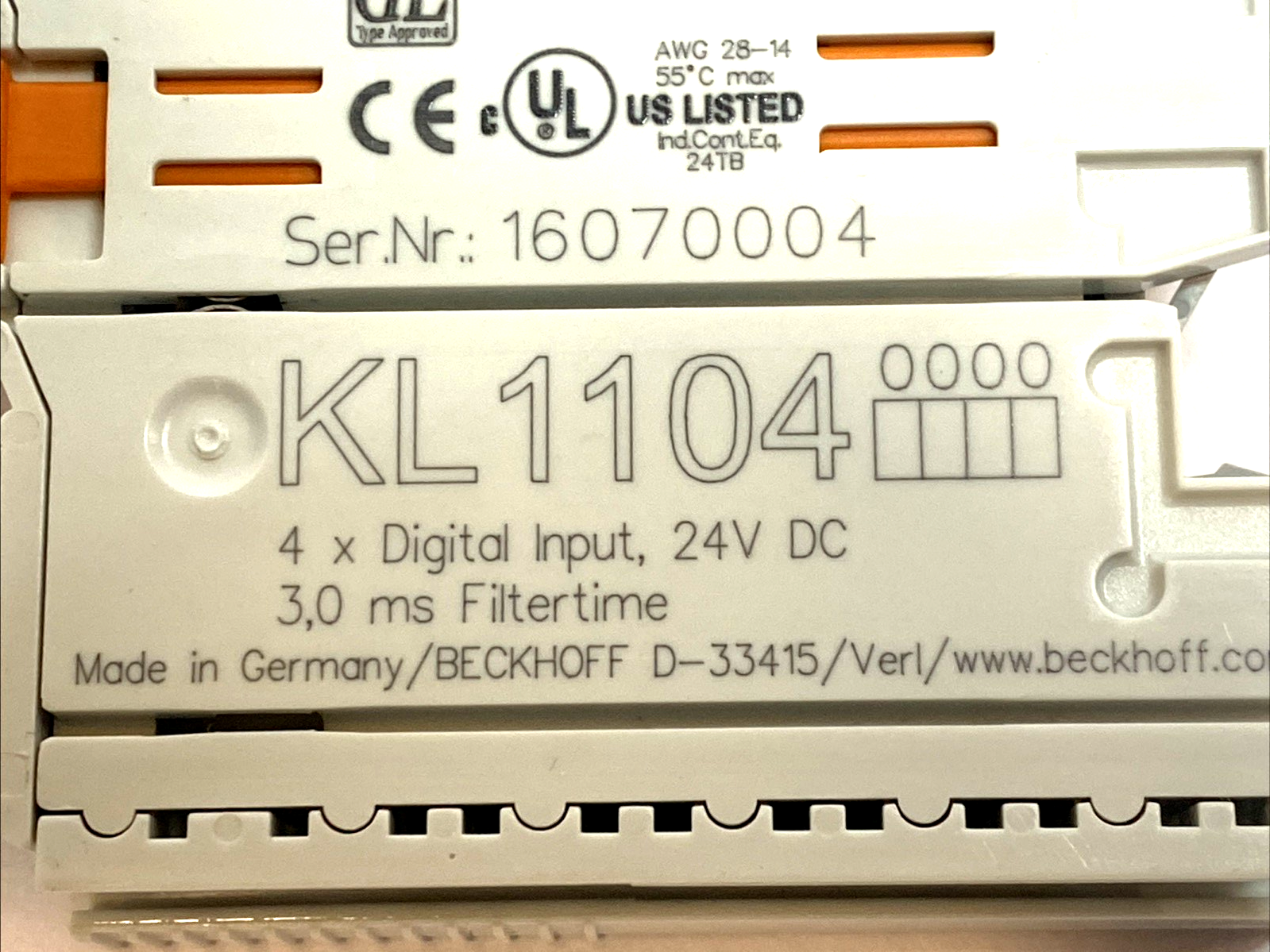 KL1104 | Beckhoff Bus Terminal 4‑Channel 24V DC Digital Input Module 3ms Filter - Used - Maverick Industrial Sales