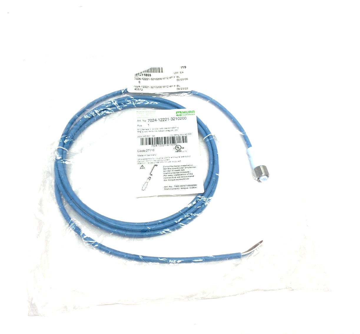 7024-12221-3210200 | Murrelektronik Single Ended M12 Steel Female Cordset 0° A-cod - New - Maverick Industrial Sales
