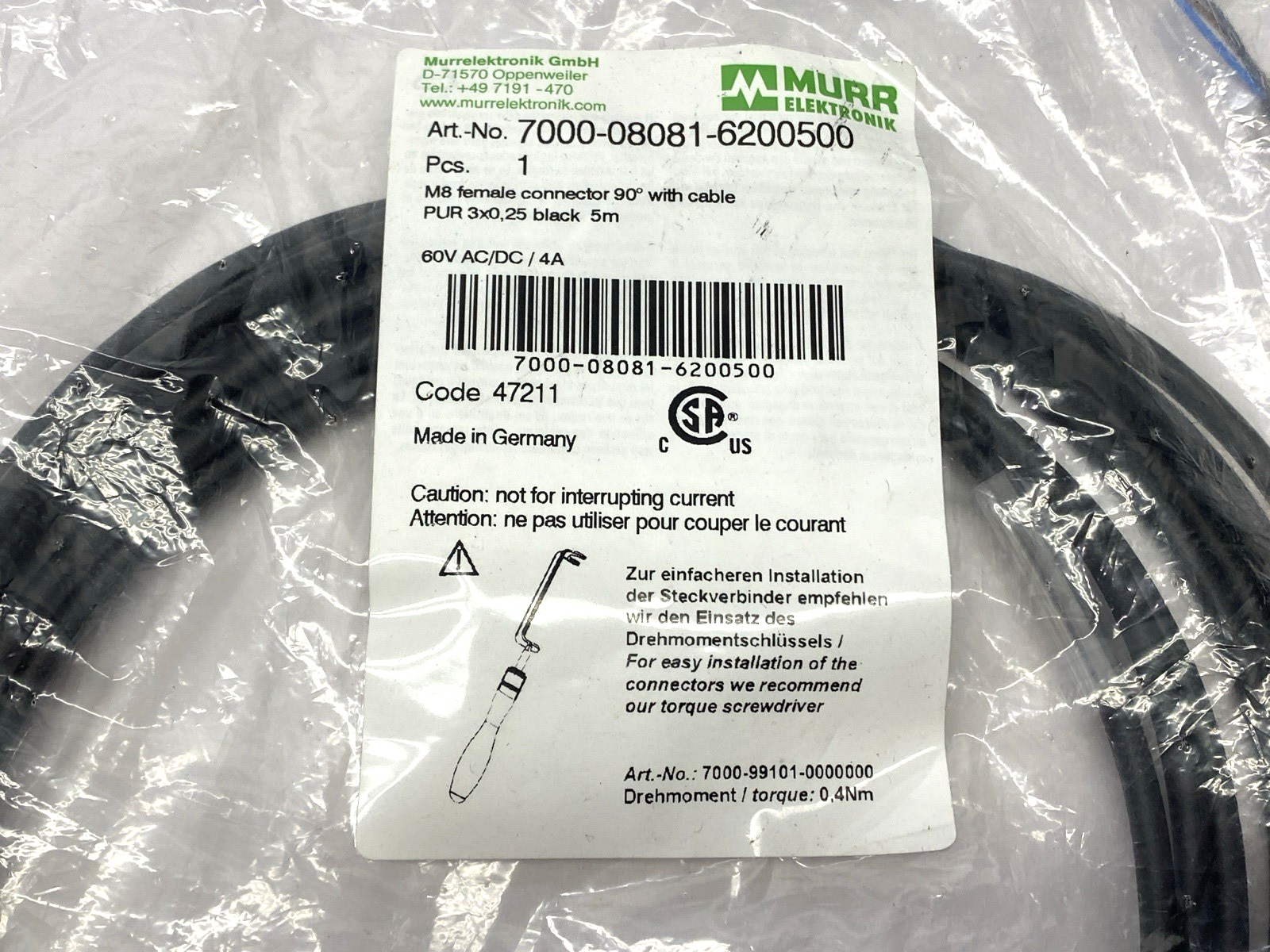 Murr Elektronik 7000-08081-6200500 Single Ended Cable 90 Deg F Connector M8 5m - Maverick Industrial Sales