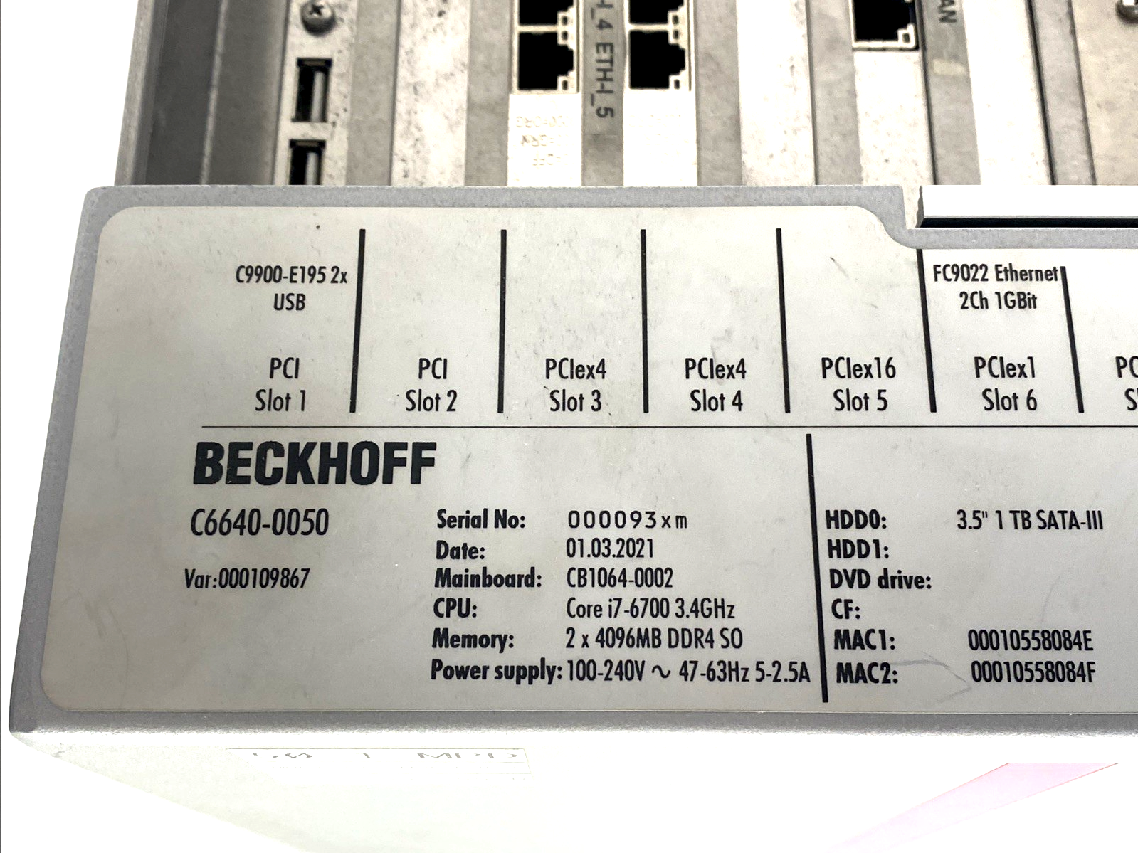 Beckhoff C6640-0050 Industrial PC Intel Core i7-6700 3.4GHz CB1064-0002 Board - Maverick Industrial Sales