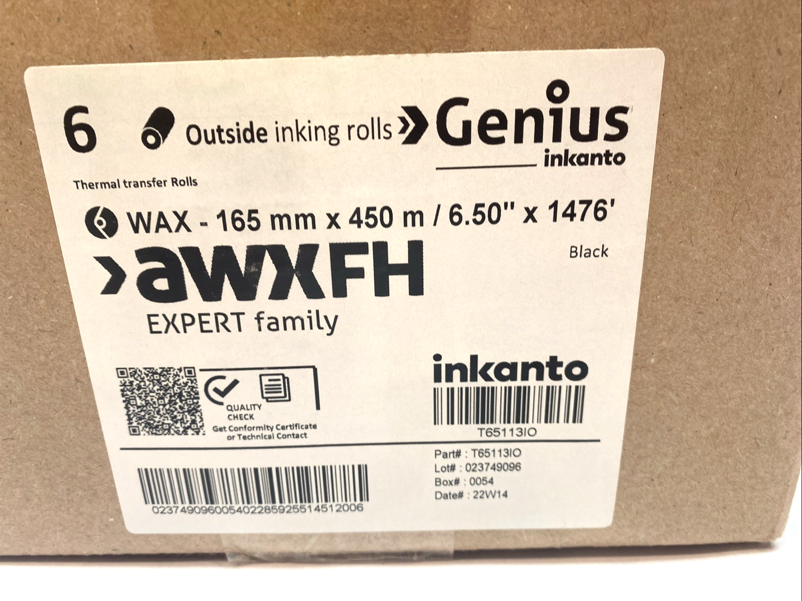 Inkanto T65113IO AWX FH Resin Enhanced Wax Ribbons, 165mm W x 450m L PKG OF 6 - Maverick Industrial Sales