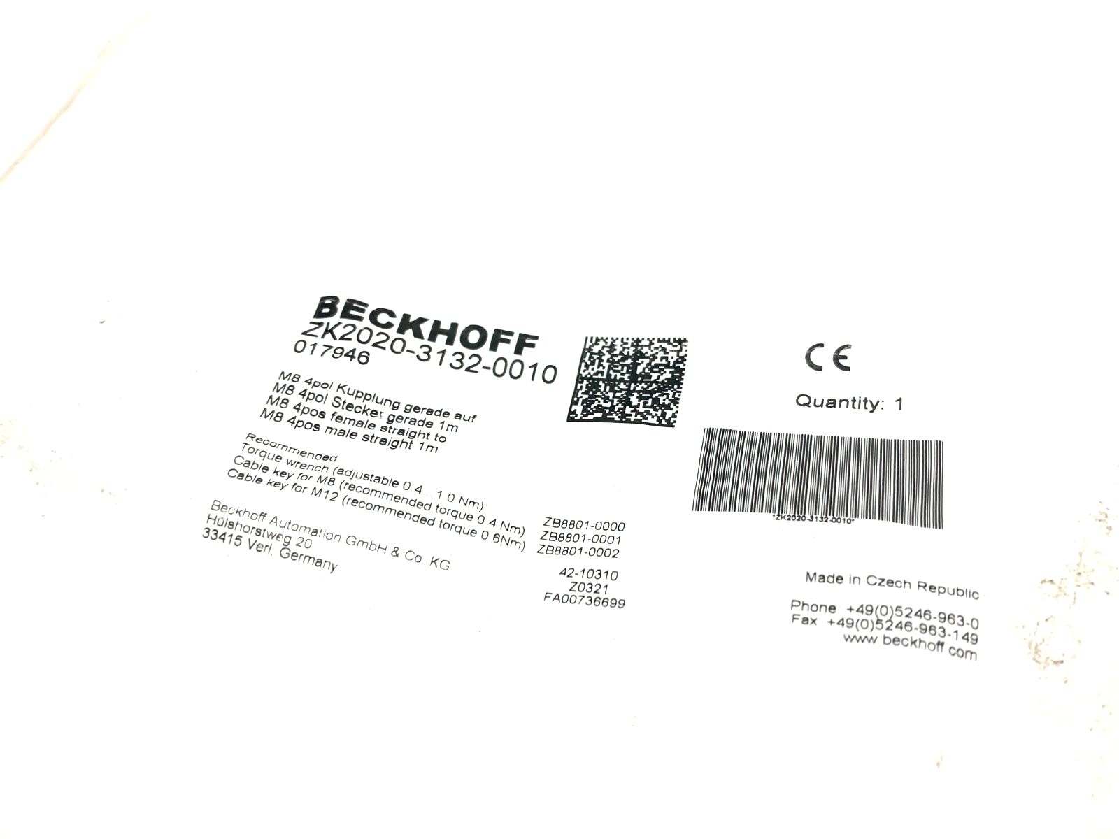 Beckhoff ZK2020-3132-0010 Double Ended Power Cable 1m M8 4-Pin 017946 - Maverick Industrial Sales