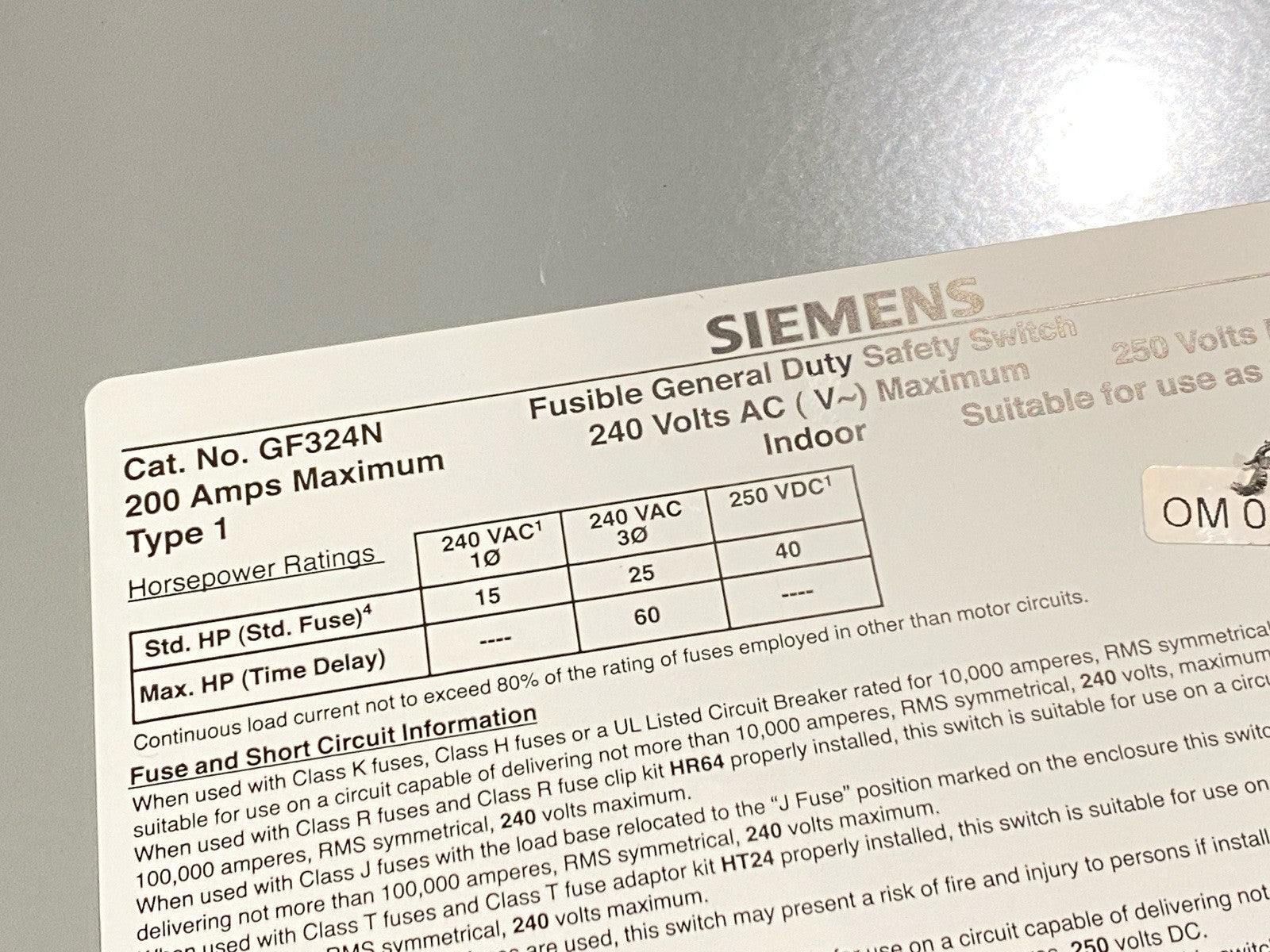 GF324N | Siemens General Duty Safety Switch 200A 240VAC 250VDC 60HP - Used - Maverick Industrial Sales