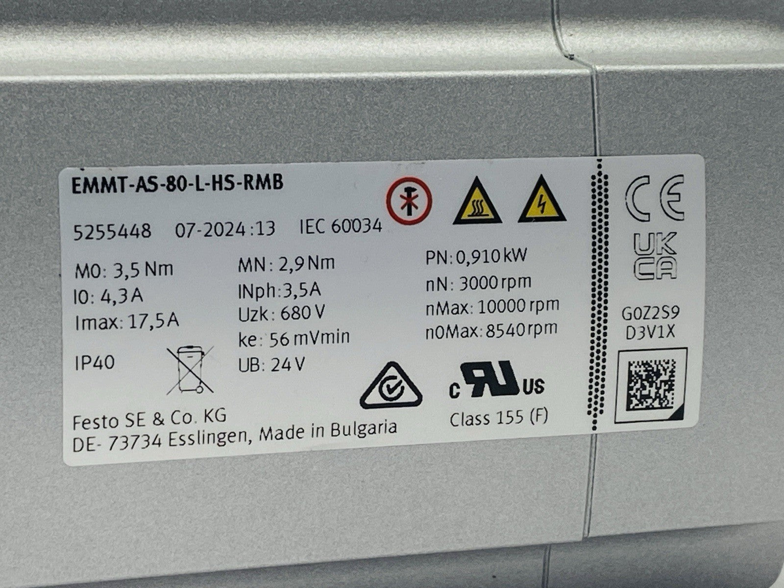 Festo EMMT-AS-80-L-HS-RMB Servo Motor 8540RPM 680VDC 910W 5255448 - Maverick Industrial Sales