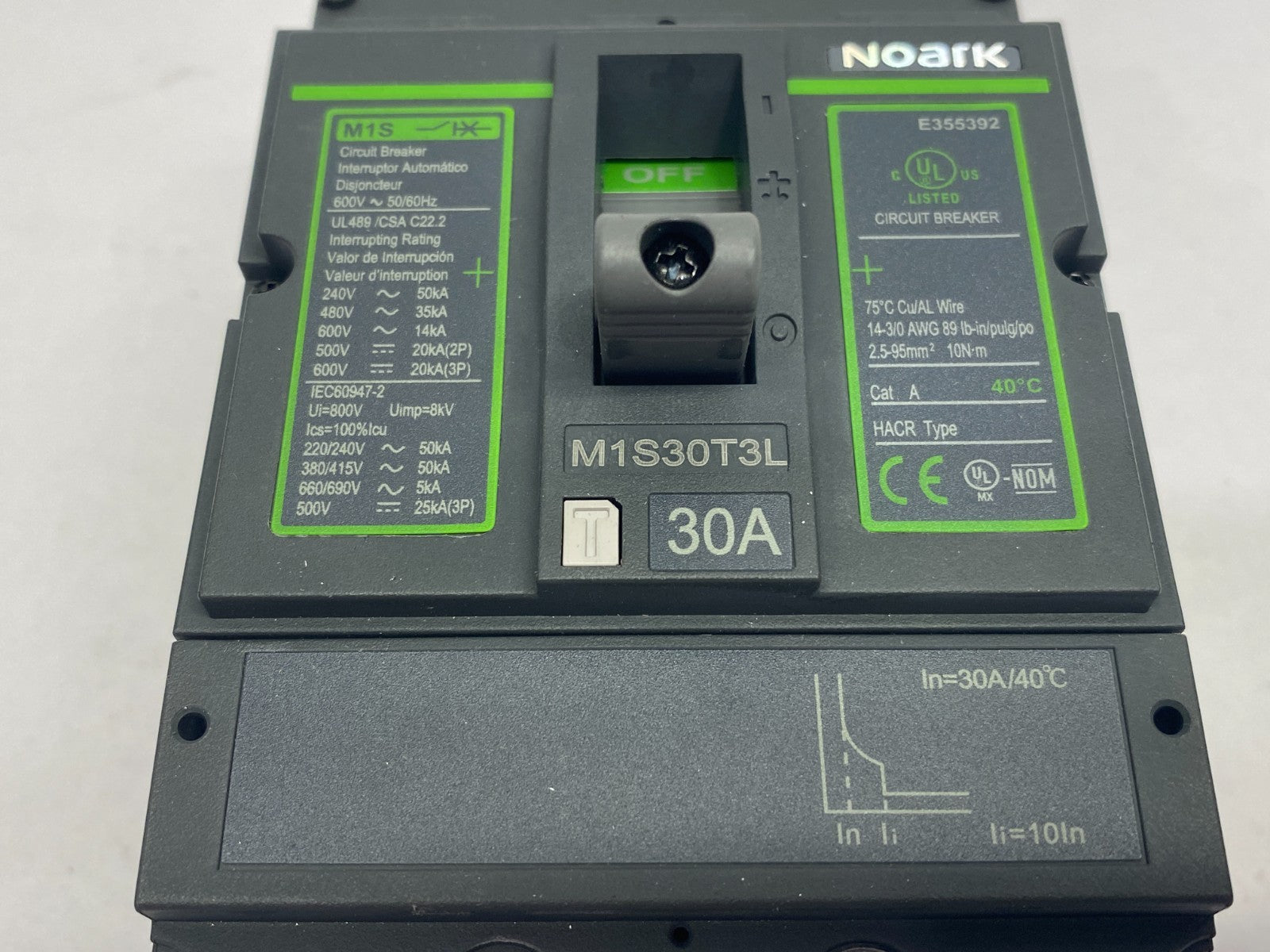 Noark M1S30T3L Molded Case Circuit Breaker Cat A, HACR Type, 3-Pole - Maverick Industrial Sales