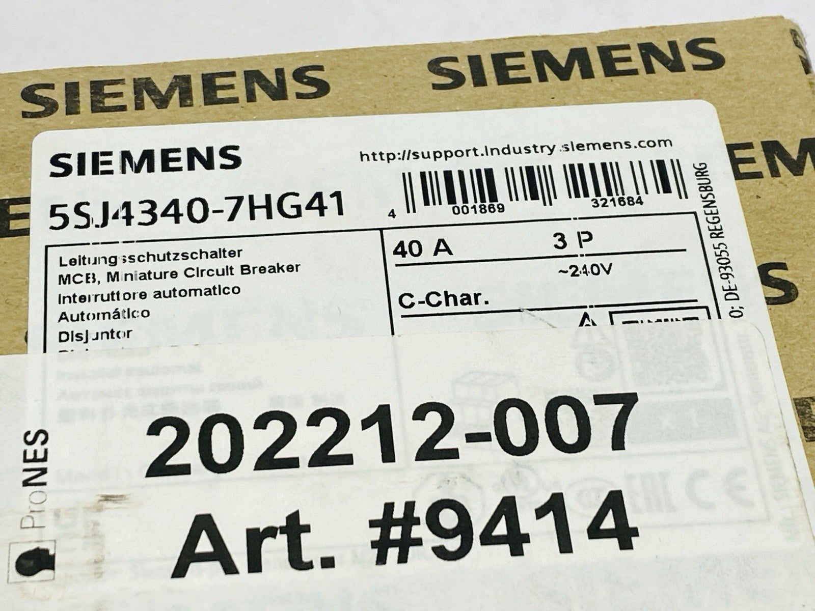 Siemens 5SJ4340-7HG41 Miniature Circuit Breaker 3-Pole 40A 240V - Maverick Industrial Sales