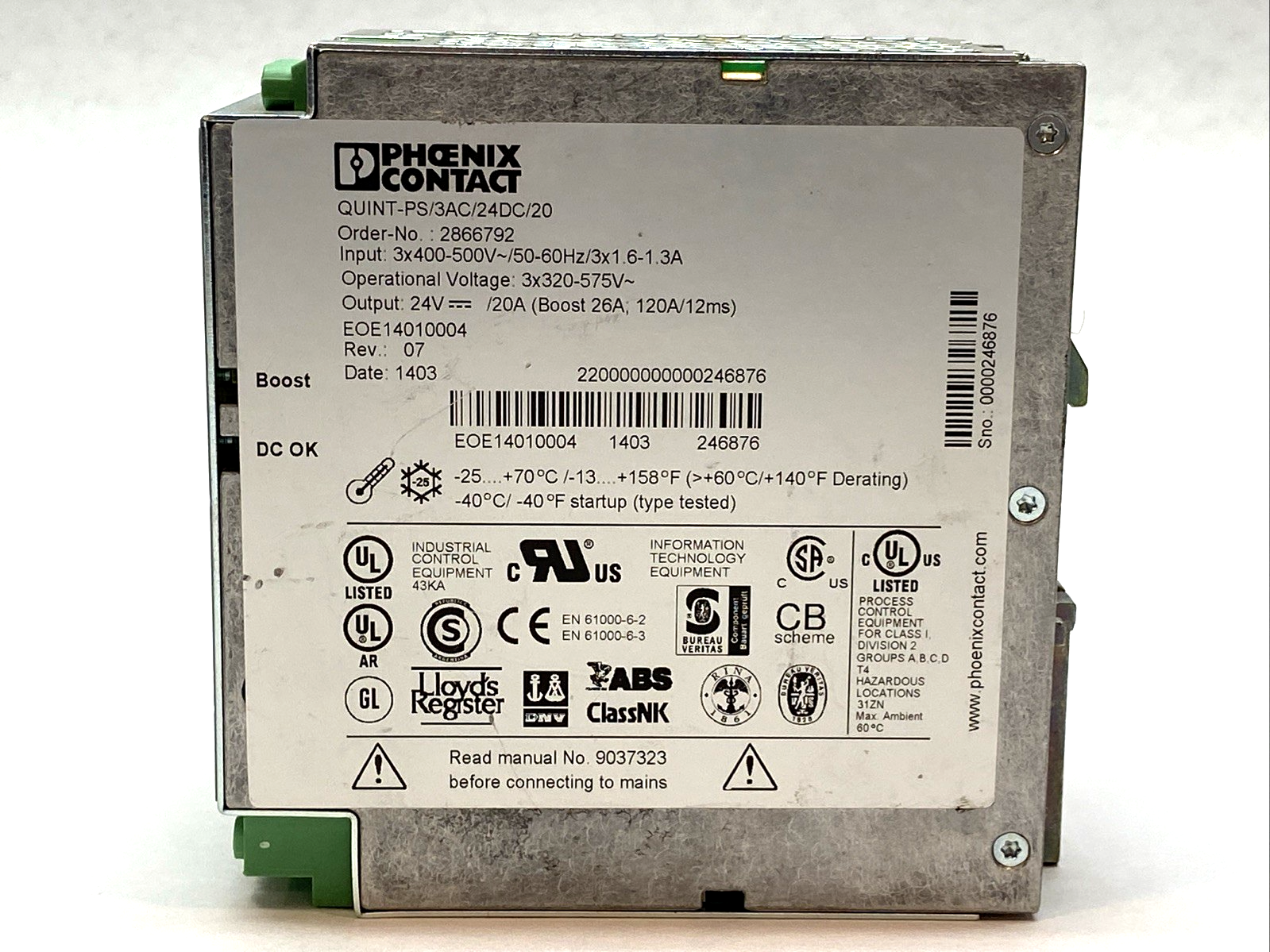 QUINT-PS/3AC/24DC/20 | Phoenix Contact Power Supply 24VDC 20A DIN Rail 2866792 - Used - Maverick Industrial Sales