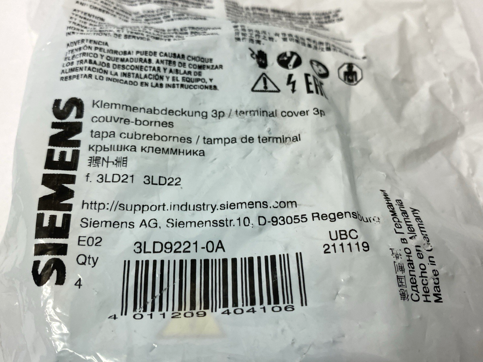 Siemens 3LD9221-0A Terminal Cover 3P, Emergency On-Off Switch Accessory PKG OF 4 - Maverick Industrial Sales