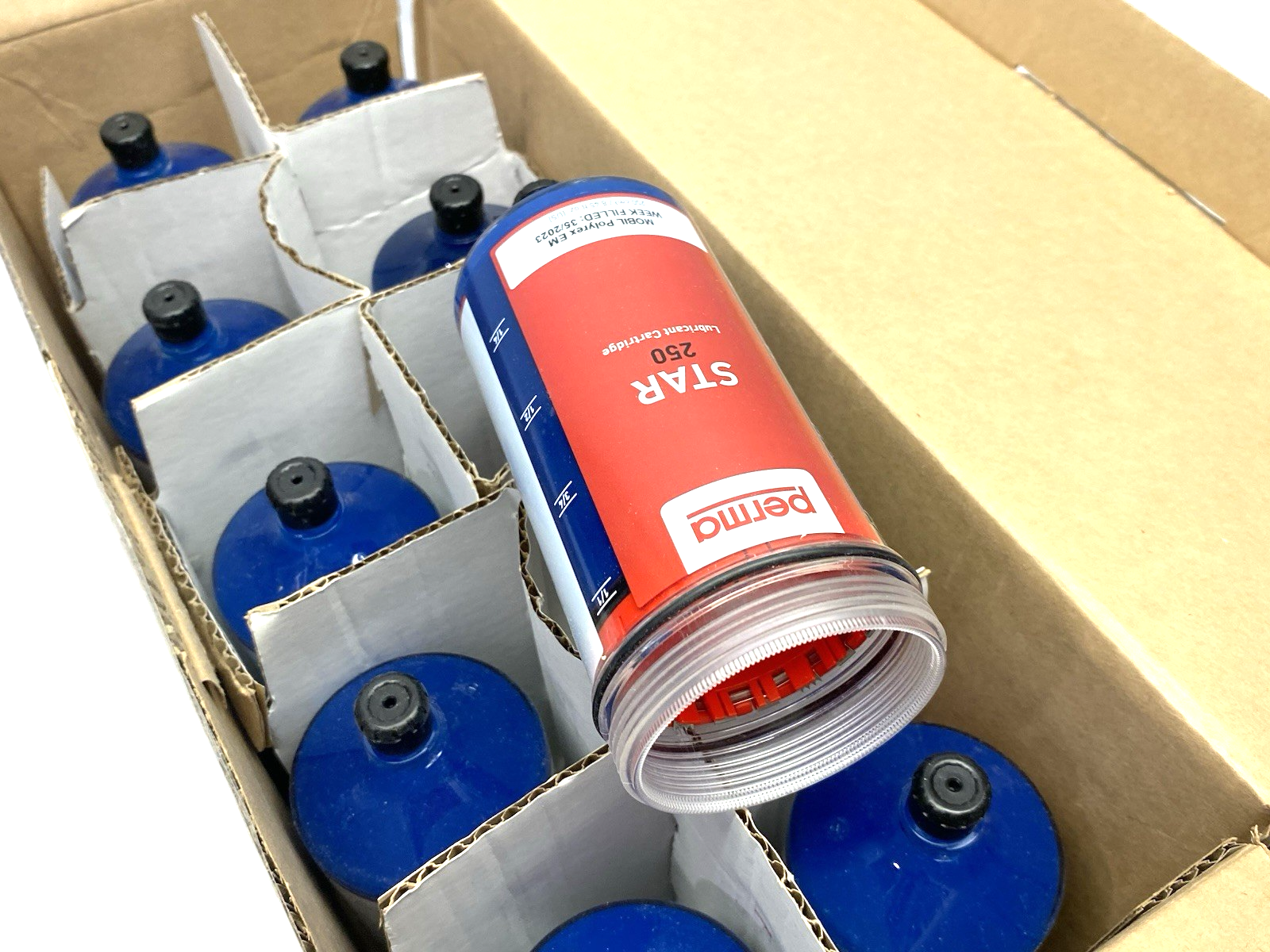 901370 | Perma STAR Lubrication Cartridge 250cc filled w/ MOBIL Polyrex EM 10-PACK - New – Open box - Maverick Industrial Sales