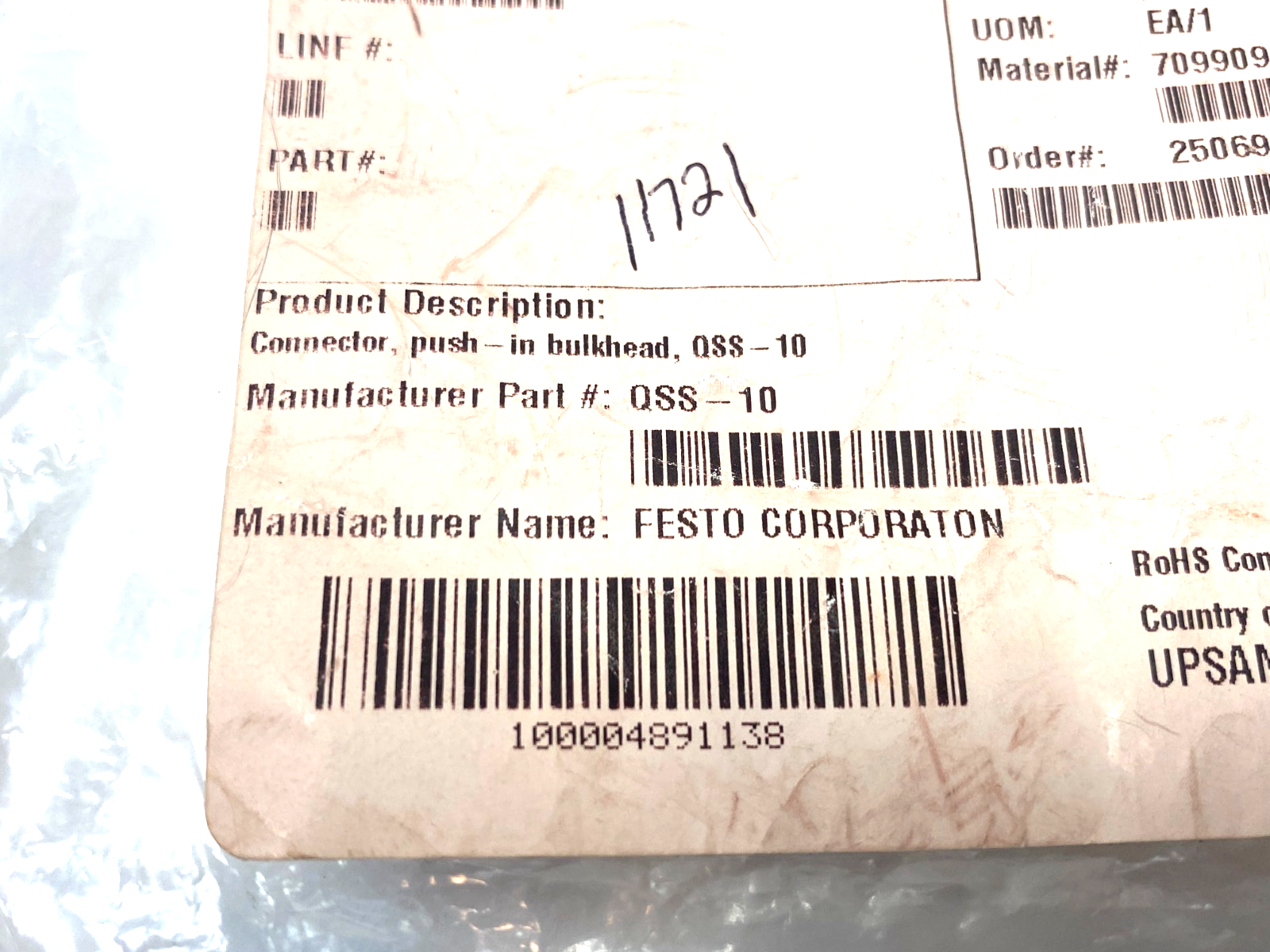 Festo QSS-10 Push-In Bulkhead Connector 10mm Tube 153160 LOT OF 6 - Maverick Industrial Sales