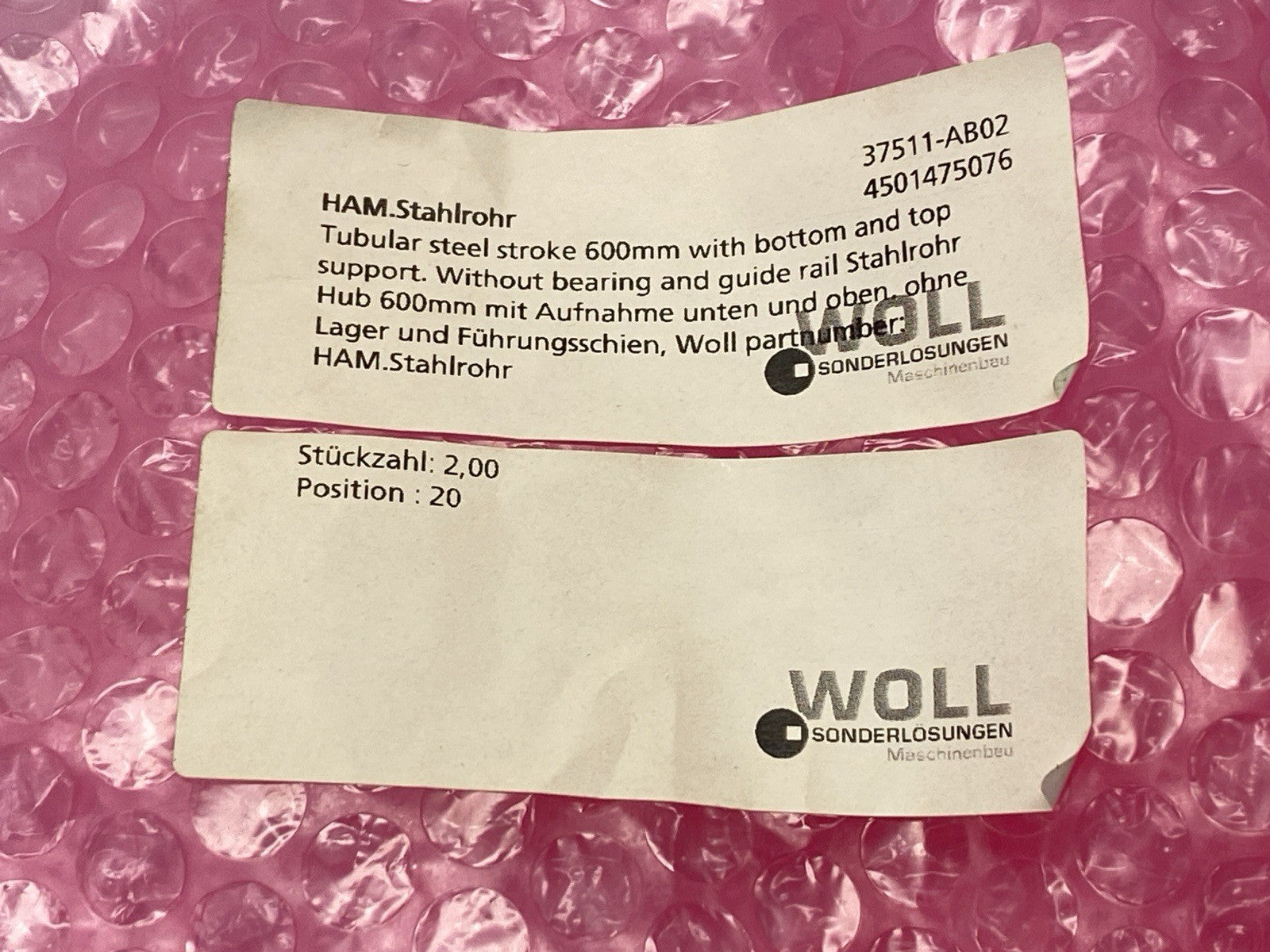 Woll Sonderlosungen HAM.STAHLROHR Tubular Steel 600mm With Top Bottom Support - Maverick Industrial Sales