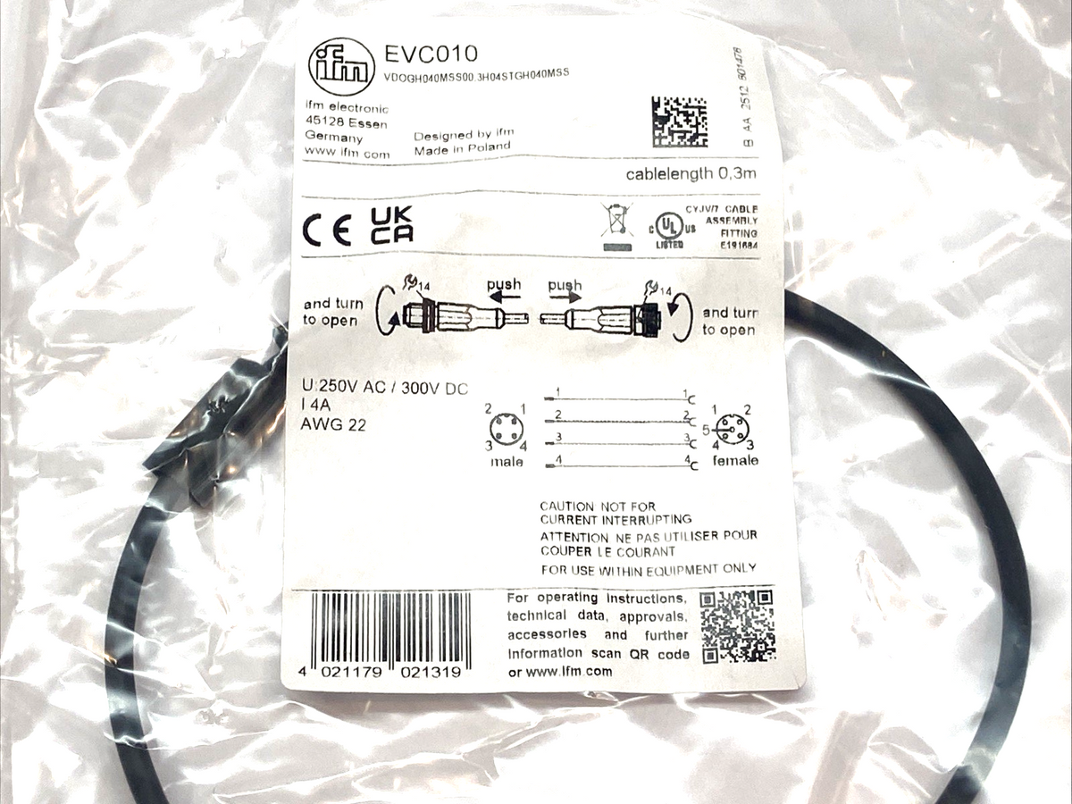 EVC010, VDOGH040MSS00,3H04STGH040MSS | IFM EVC010 Efector Connection Cable M12 0.3m VDOGH040MSS00,3H04STGH040MSS - New - Maverick Industrial Sales