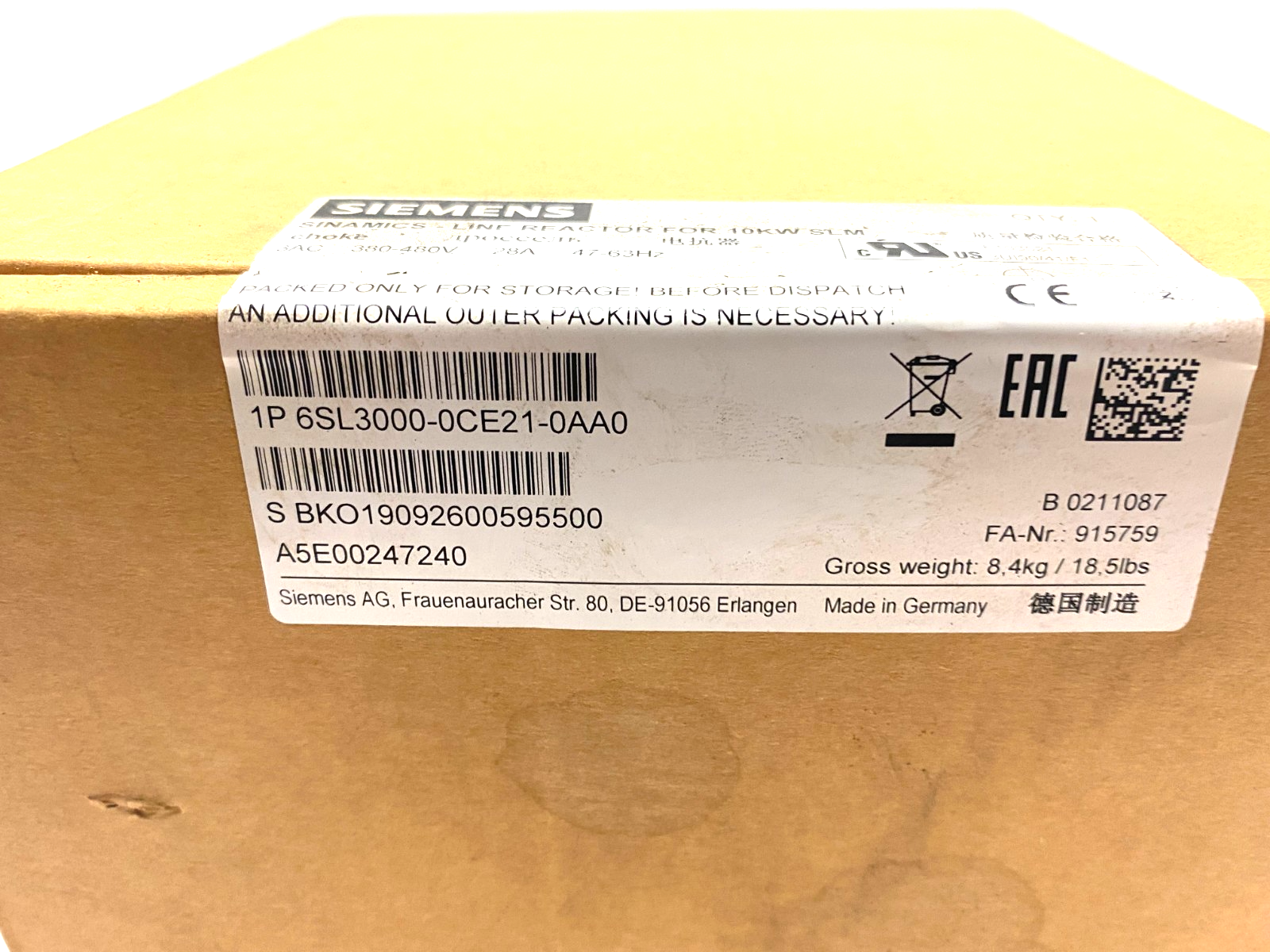 Siemens 6SL3000-0CE21-0AA0 SINAMICS Line Reactor, 480V 10kW - Maverick Industrial Sales