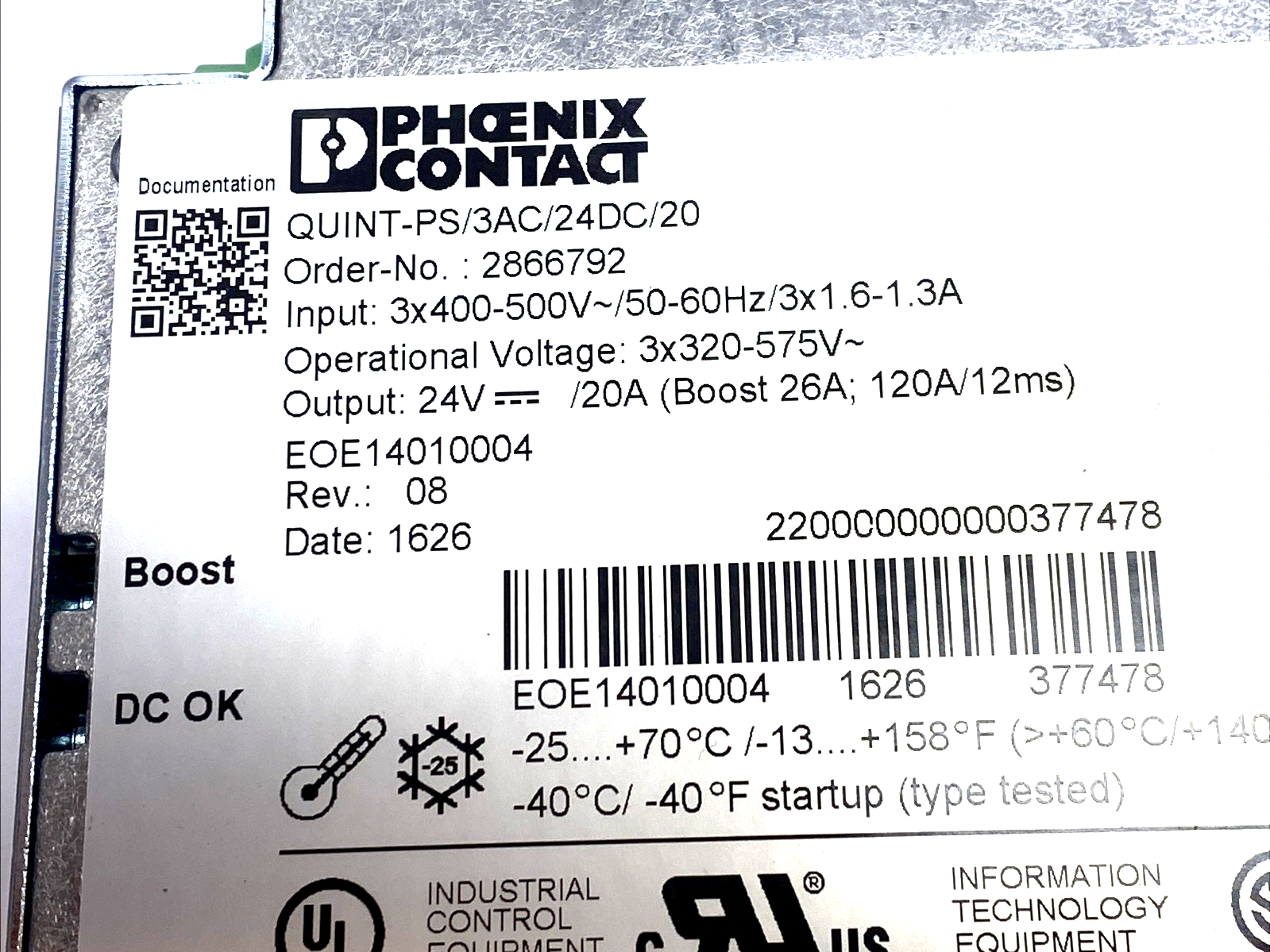 Phoenix Contact QUINT-PS/3AC/24DC/20 Power Supply 24VDC 20A 2866792 - Maverick Industrial Sales