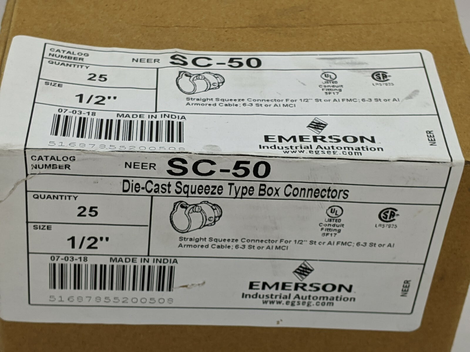 SC-50 | Emerson NEER Straight Squeeze Type Connector 1/2" PKG OF 25 - New – Open box - Maverick Industrial Sales