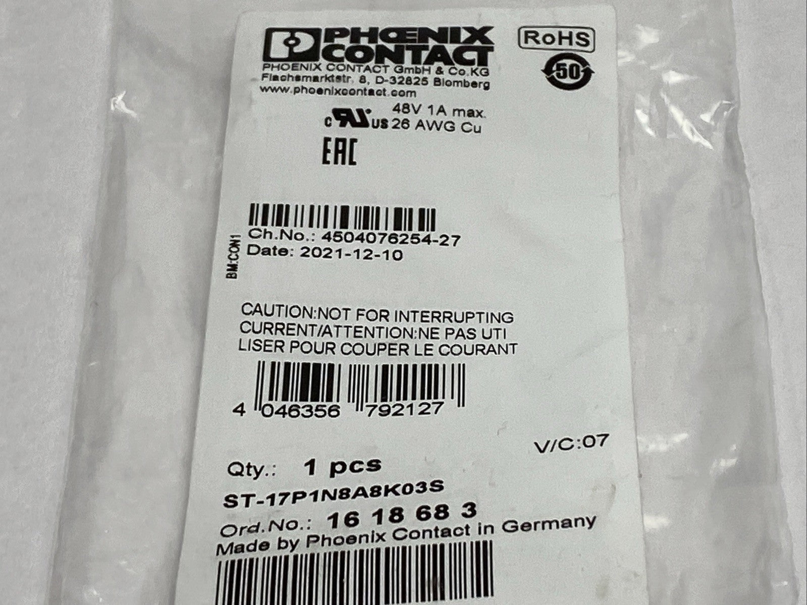 Phoenix Contact ST-17P1N8A8K03S Cable Connector 1618683 - Maverick Industrial Sales