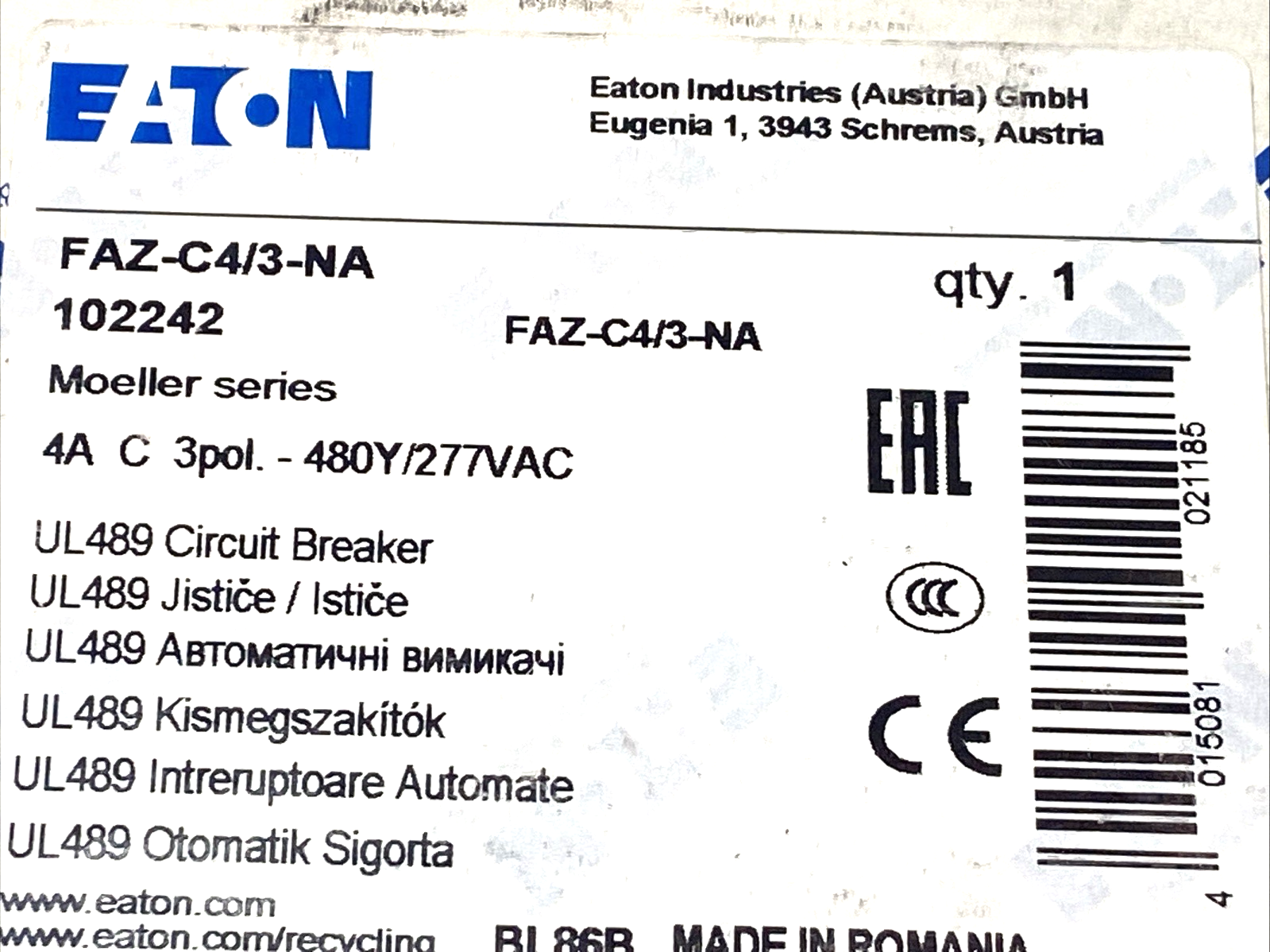 Eaton FAZ-C4/3-NA Circuit Breaker 3-Pole C-Curve 4A 102242 - Maverick Industrial Sales