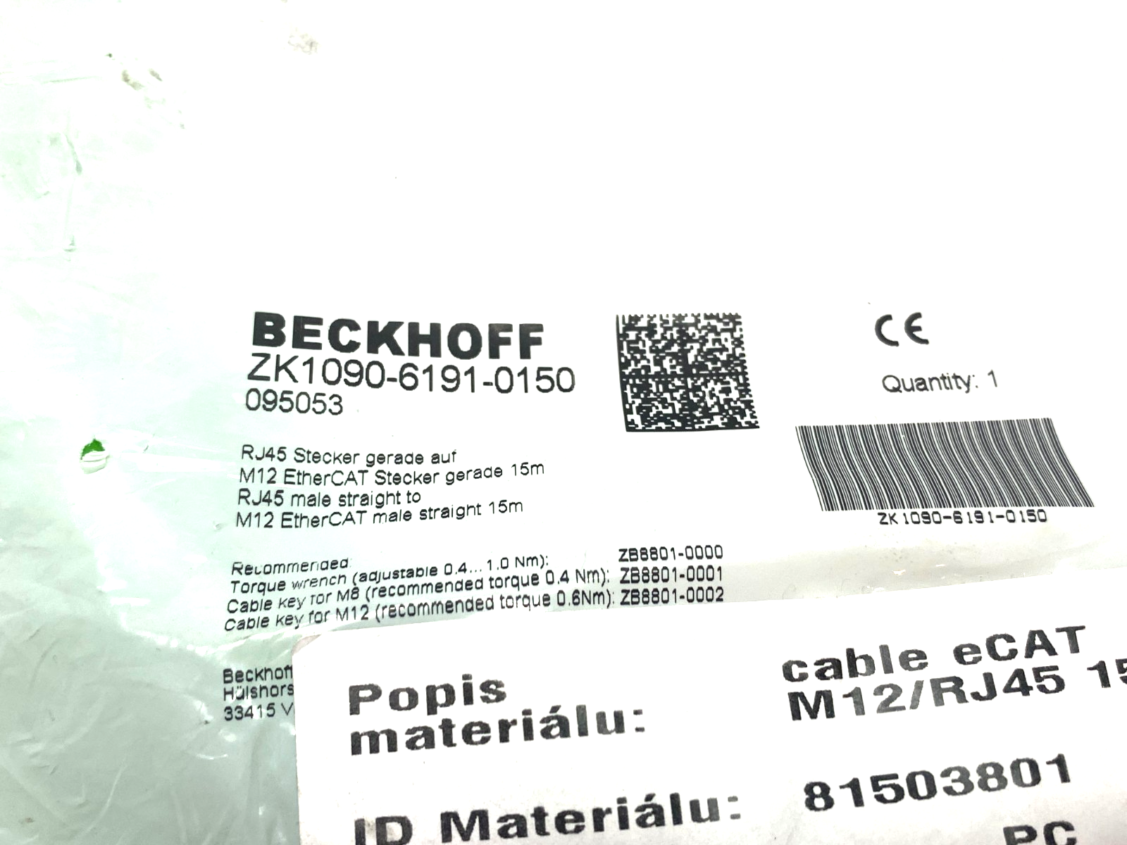 Beckhoff ZK1090-6191-0150 Double Ended EtherCAT Power Cable RJ45/M12 15m 095053 - Maverick Industrial Sales