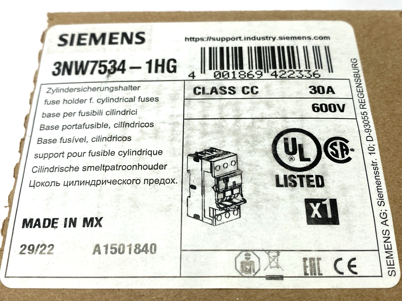 Siemens 3NW7534-1HG Fuse Holder 3-Pole Class CC 600V 30A - Maverick Industrial Sales