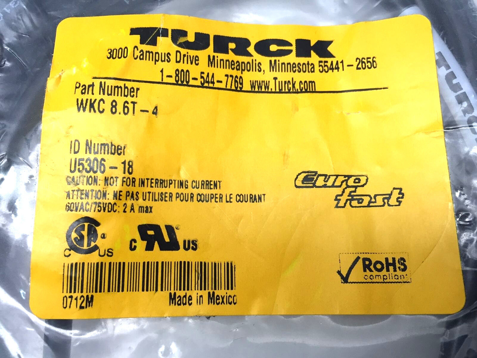 Turck WKC 8.6T-4 EuroFast Cordset Cable Assembly U5306-18 - Maverick Industrial Sales