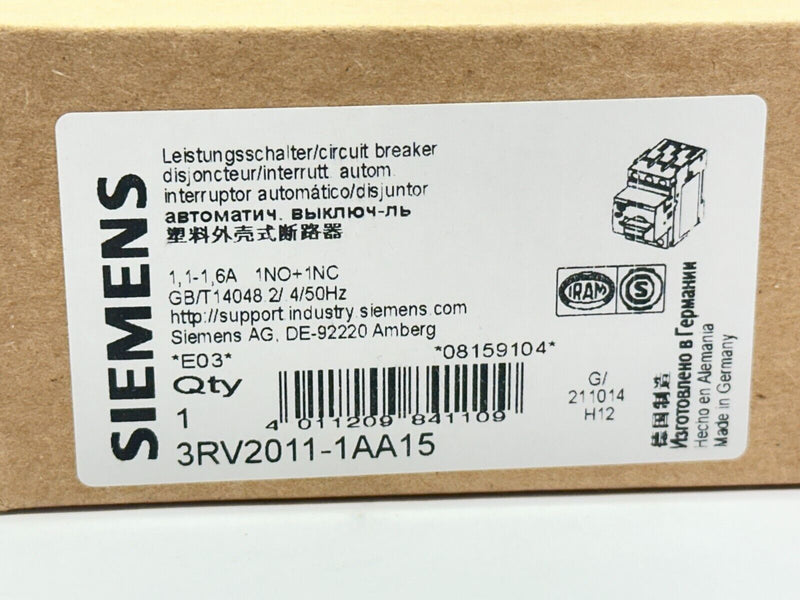 Siemens 3RV2011-1AA15 Sirius Motor Protection Circuit Breaker 1.1-1.6A 600V - Maverick Industrial Sales