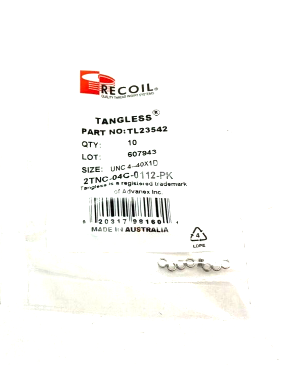 Recoil TL23542 Tangless Free Running Insert Size: UNC 4-40X1D 2TNC-04C-0112-PK - Maverick Industrial Sales