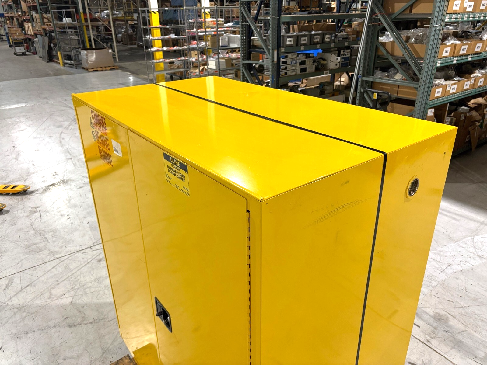 Uline H-3686M Flammable Liquid Storage Cabinet, Yellow, 59"W x 34"D x 65"H - Maverick Industrial Sales