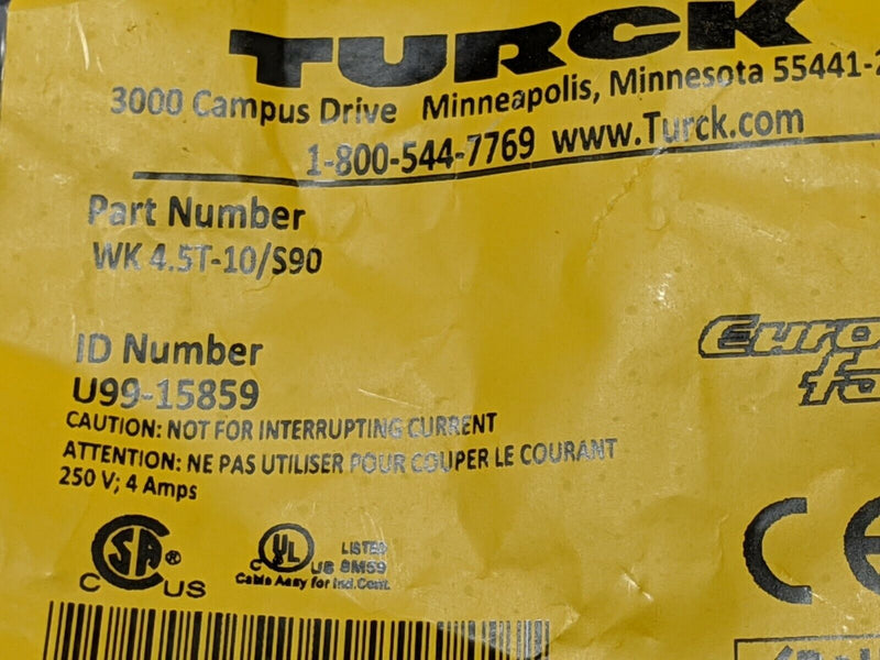 Turck WK 4.5T-10/S90 Eurofast M12 Right Angle Cordset 5 Wire 10m U99-15859 - Maverick Industrial Sales