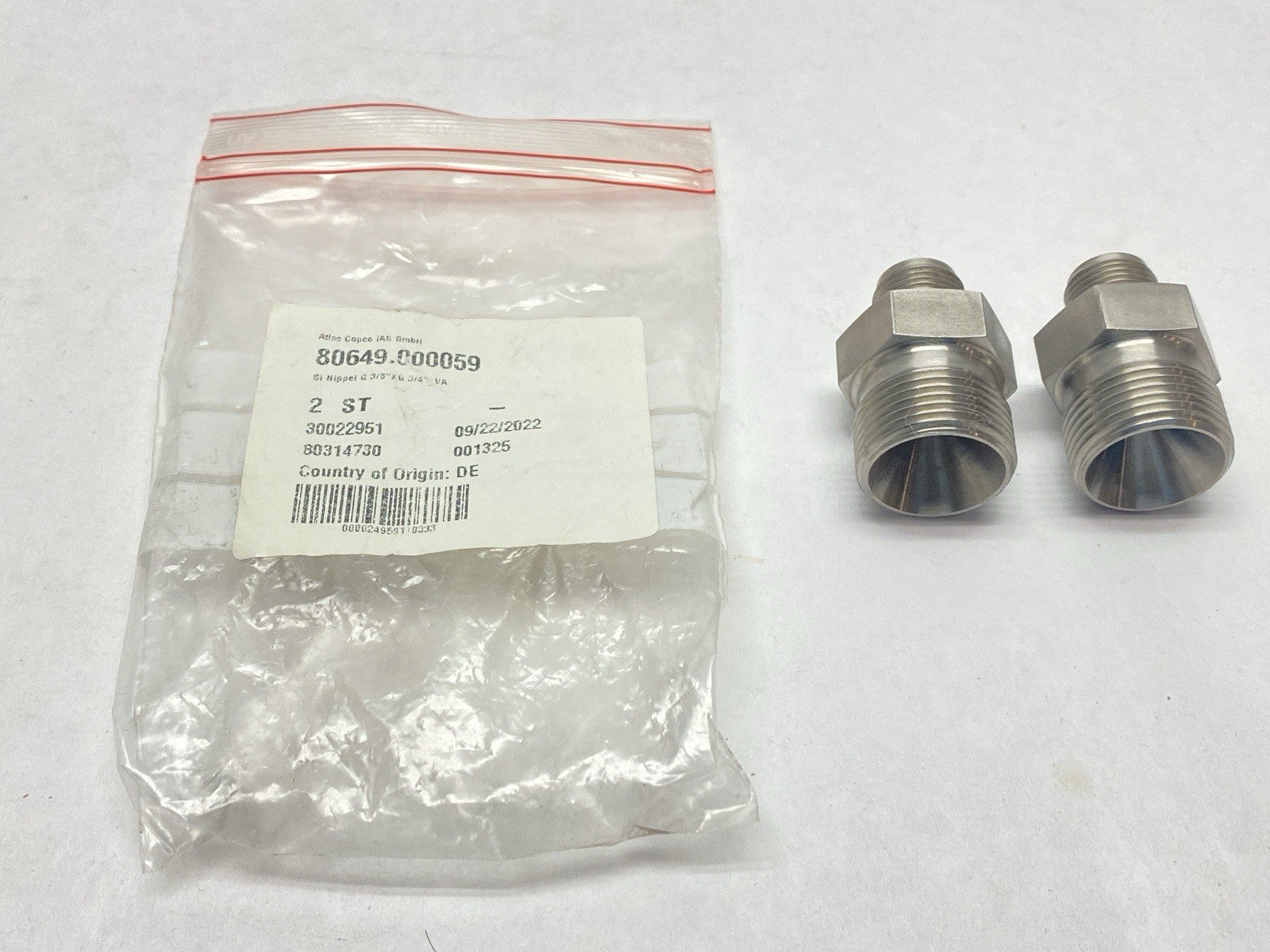 Atlas Copco 80649.000059 Pipe Nipple 3/8" x 3/4" NPT LOT OF 2 - Maverick Industrial Sales