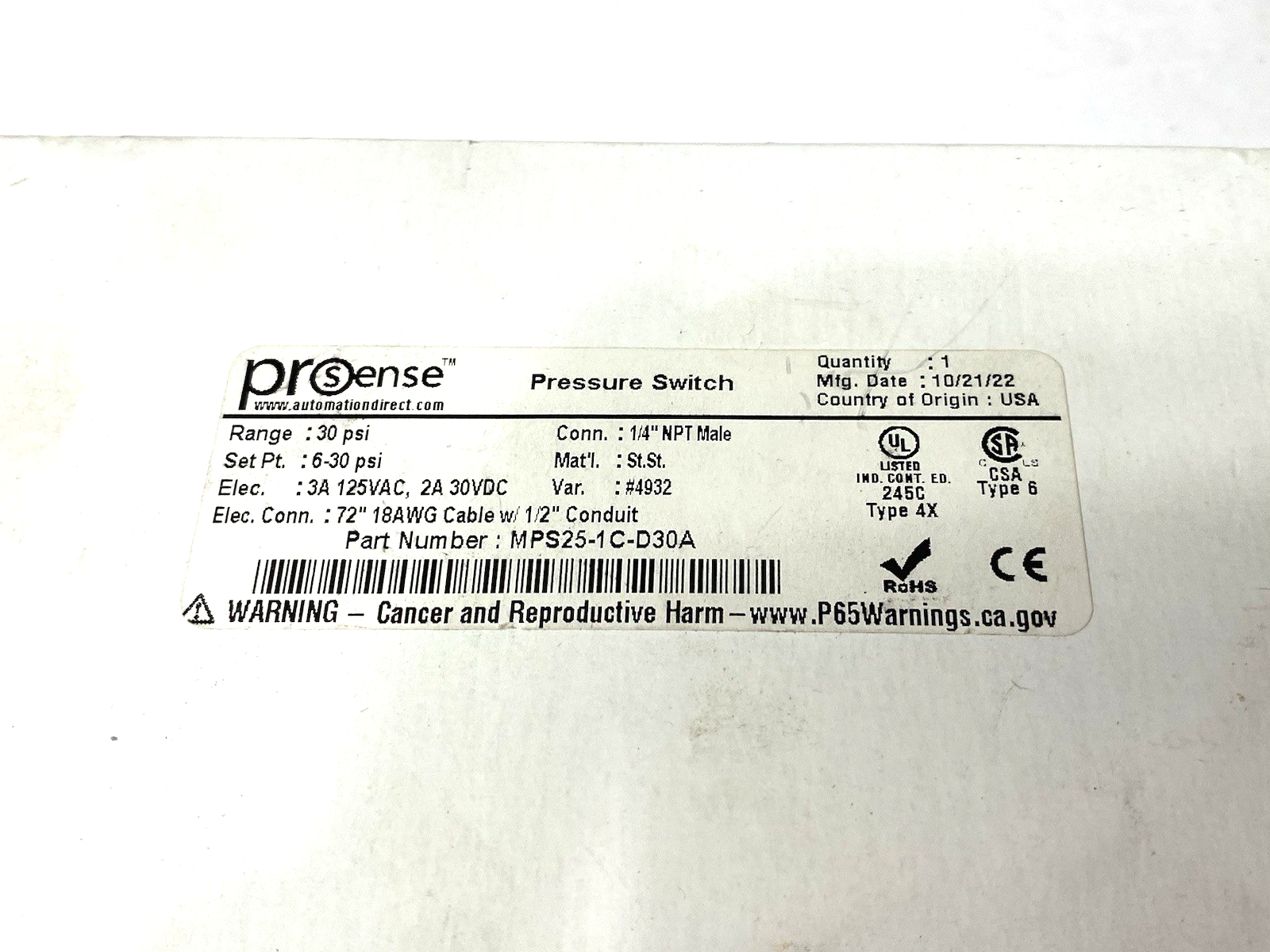 AutomationDirect MPS25-1C-D30A ProSense Mechanical Pressure Switch 6-30psi - Maverick Industrial Sales