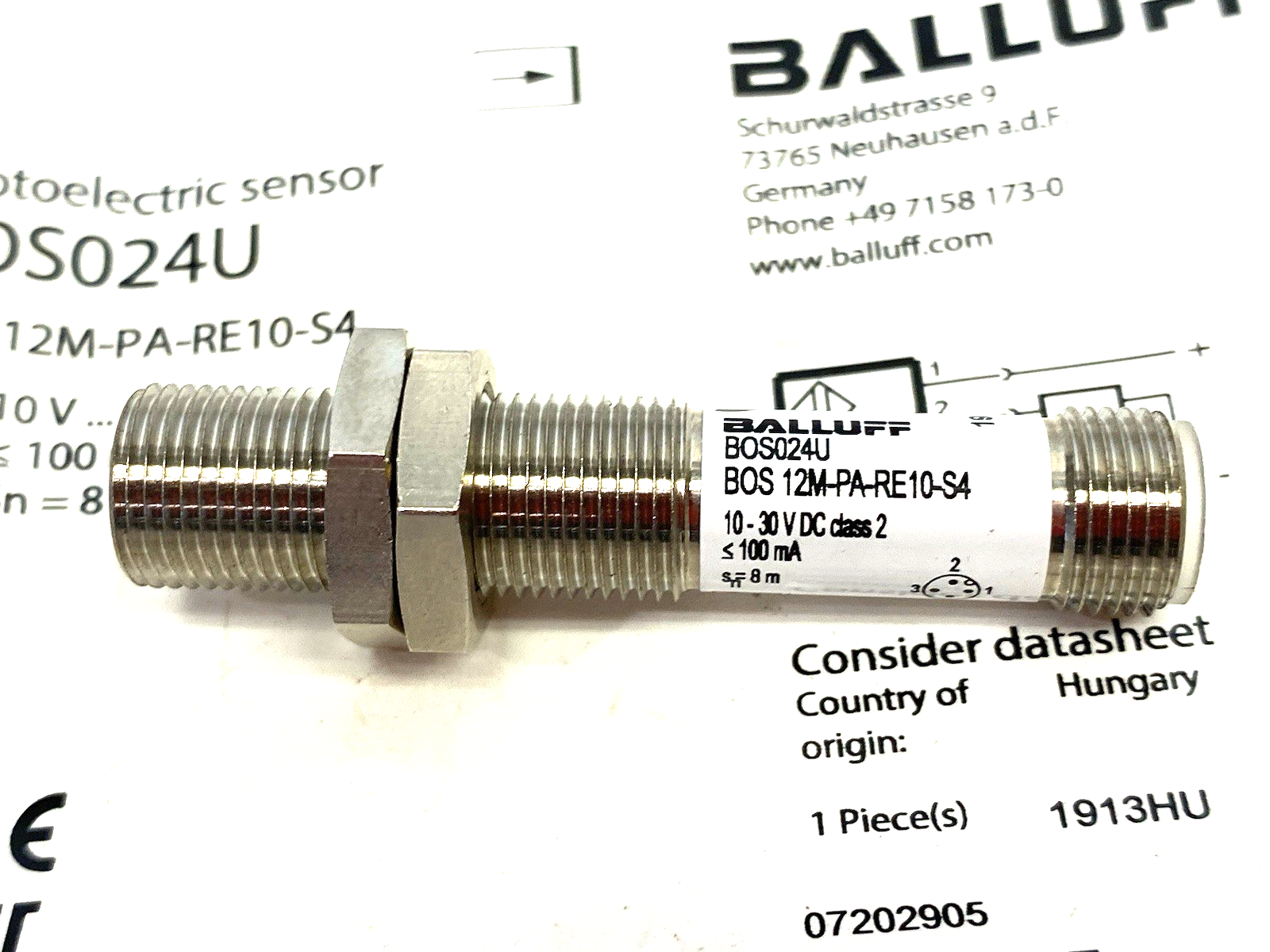BOS024U | Balluff Through-beam Photoelectric Sensor Cylindrical BOS 12M-PA-RE10-S4 - New – Open box - Maverick Industrial Sales