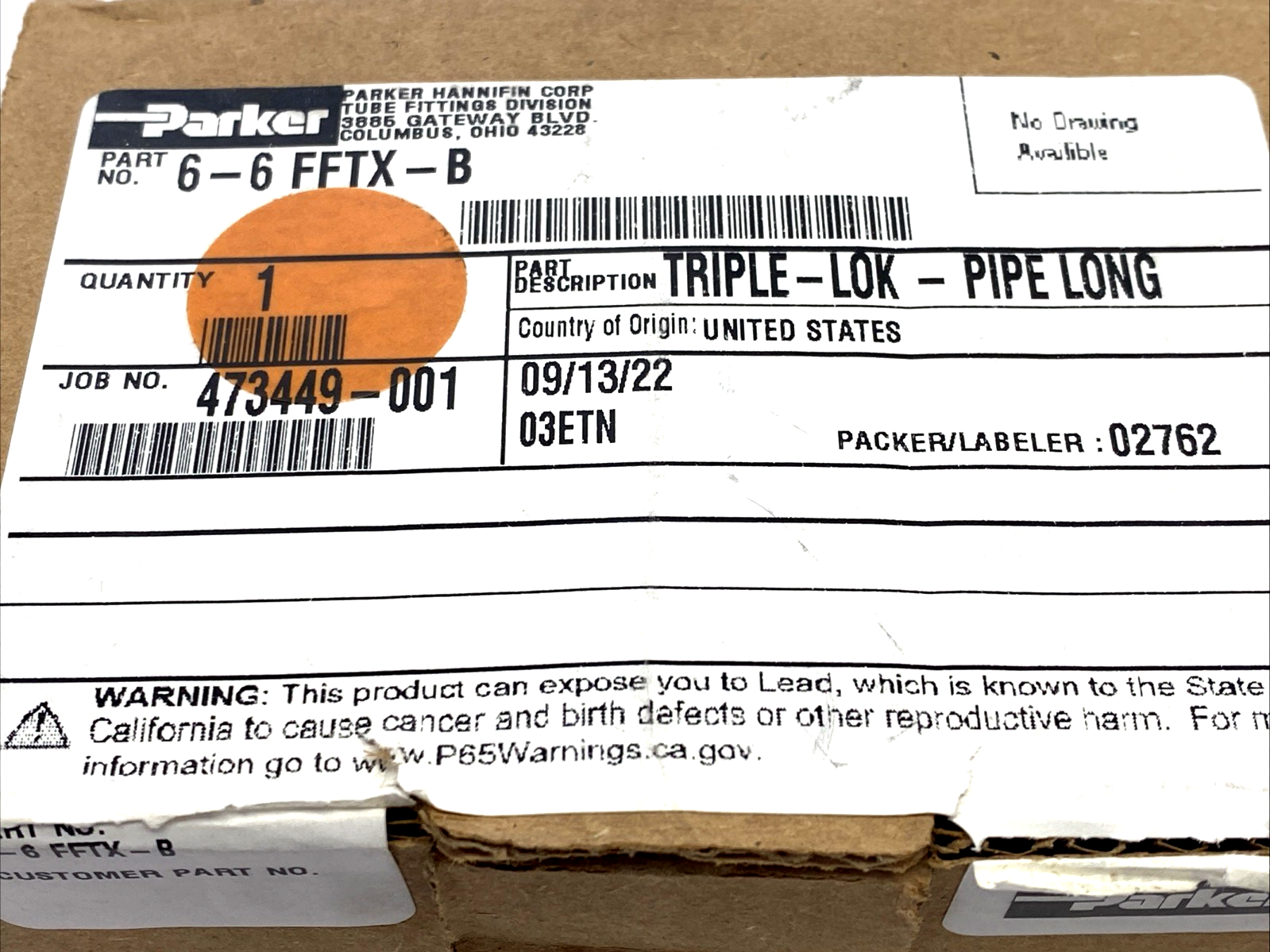 6-6 FFTX-B | Parker Triple-Lok Tube Fitting, Flare JIC 37 Deg. x 3/8" NPT, Long - New – Open box - Maverick Industrial Sales