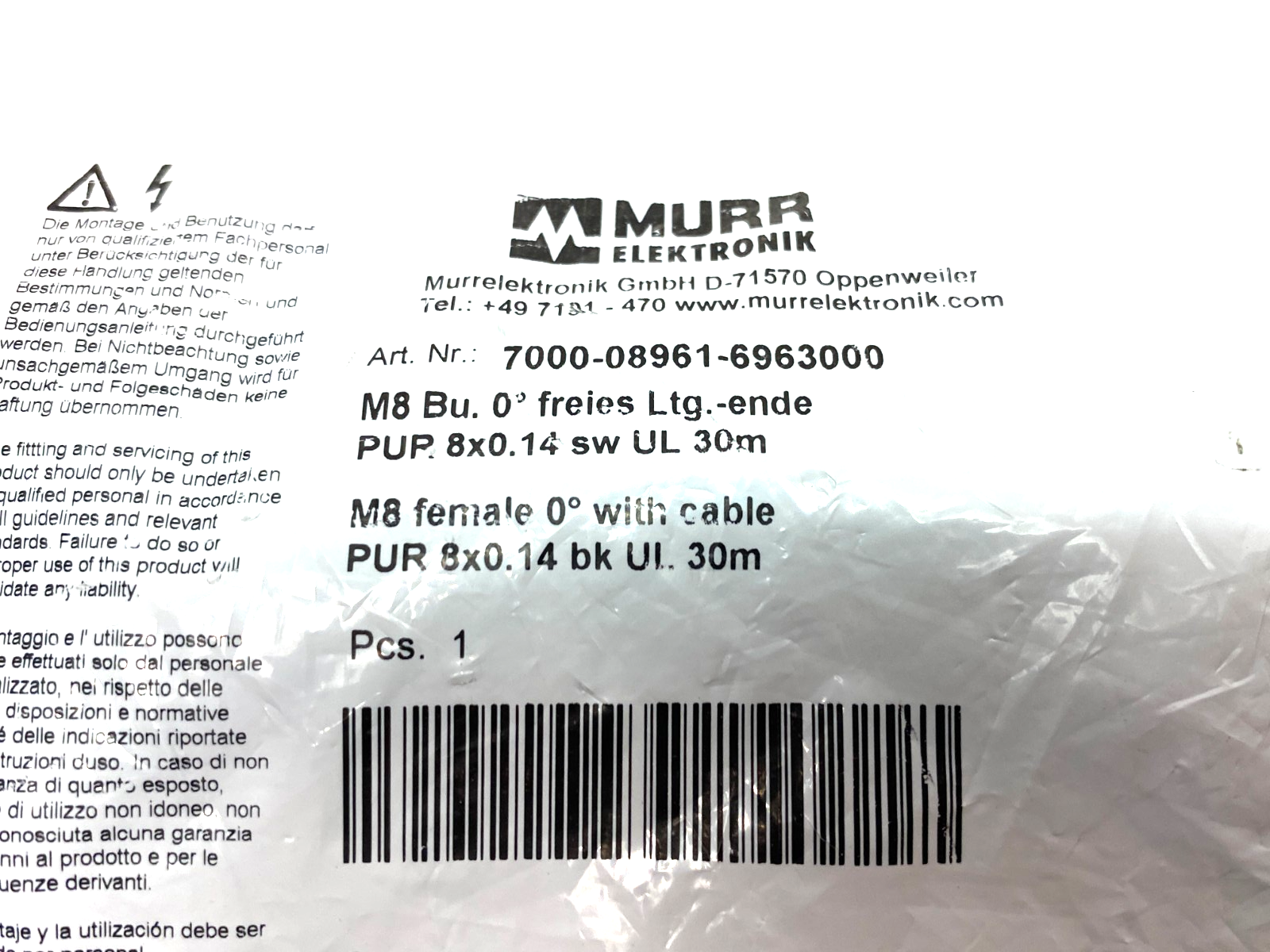 Murrelektronik 7000-08961-6963000 Single Ended M8 8-Pin Female 0° Cordset 30m - Maverick Industrial Sales