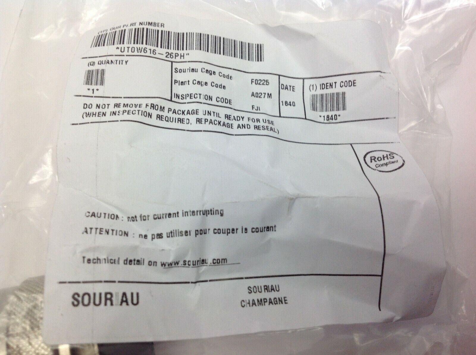 Souriau UT0W616-26PH Circular Connector Plug Size 16 26 Position - Maverick Industrial Sales
